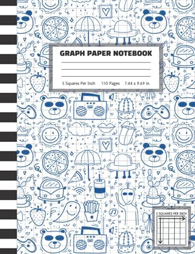 Graph Paper Notebook: 5 Squares Per Inch | 5x5 Graphing Grid Paper for Math, Science, Accounting, Organic Chemistry Students | 7.44 x 9.69 in | Cute Blue Doodles (5x5 Graph Paper Notebooks)