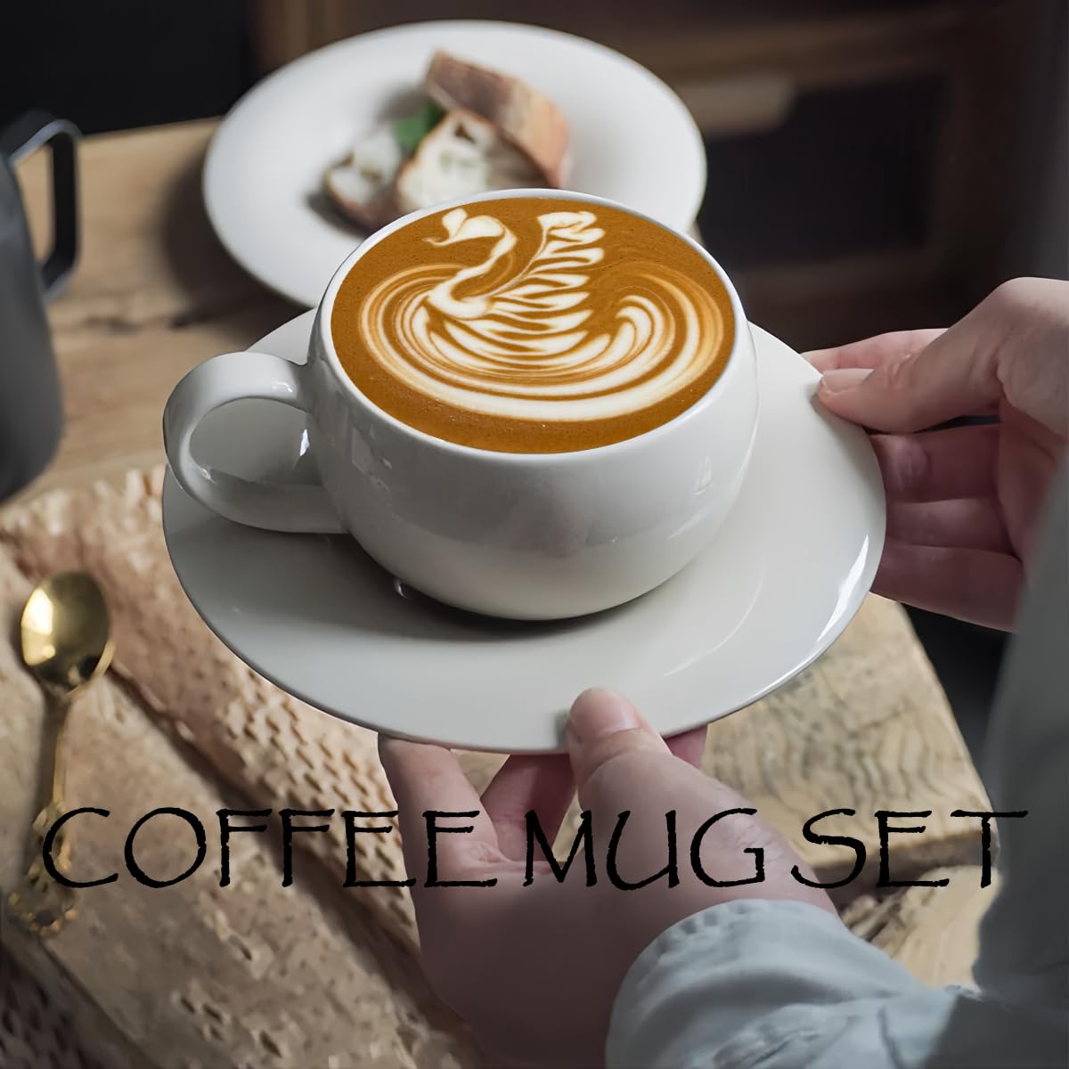 ARISKEY Bonito juego de tazas de café de cerámica de 280 ml con cuchara, perfecto para café con leche y leche, regalo para madre, amigos y familiares (blanco cremoso)