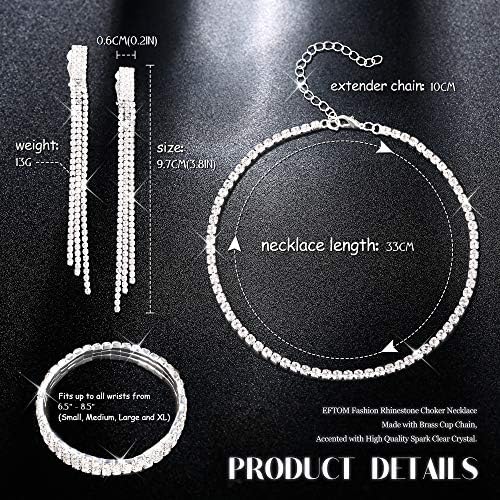 THUNARAZ Crystal Choker Necklace and Earring Jewelry Sets for Women Silver Cup Chain Clear Rhinestone Necklace Long Drop Dangle Tassel Clip On Earrings with Rhinestone Stretch Bracelet 5 THUNARAZ Crystal Choker Necklace and Earring Jewelry Sets for Women Silver Cup Chain Clear Rhinestone Necklace Long Drop Dangle Tassel Clip On Earrings with Rhinestone Stretch Bracelet
