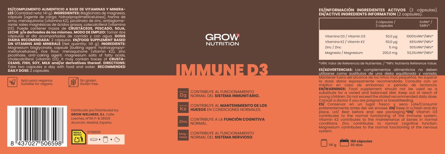 Grow Wellness - Immune D3 Vitamina D3 y K2 con Zinc y Magnesio, 180 Cápsulas