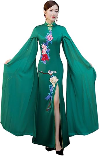 Chinese Style Chiffon Appliques Womens Qipao Dress Birthday Party Long Cheongsam Gown with Cape Shawl