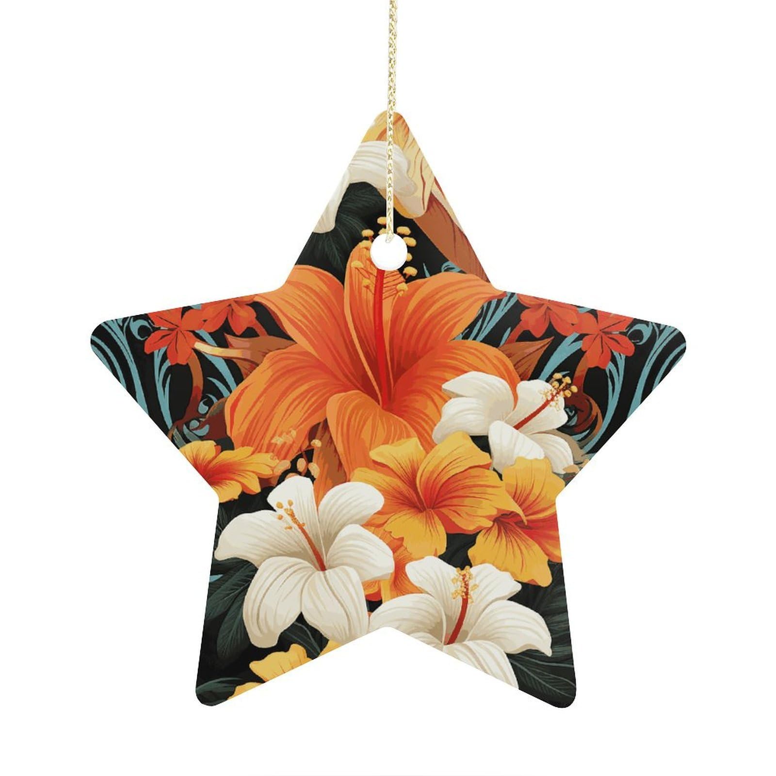 Fodpand Women's Style Flowers And Hawaiian Tribal Patterns On Black Background Ornament With String, Keepsake Hanging Decorations,Ceramic Ornaments For Men Indoor Home Holiday Party Gifts