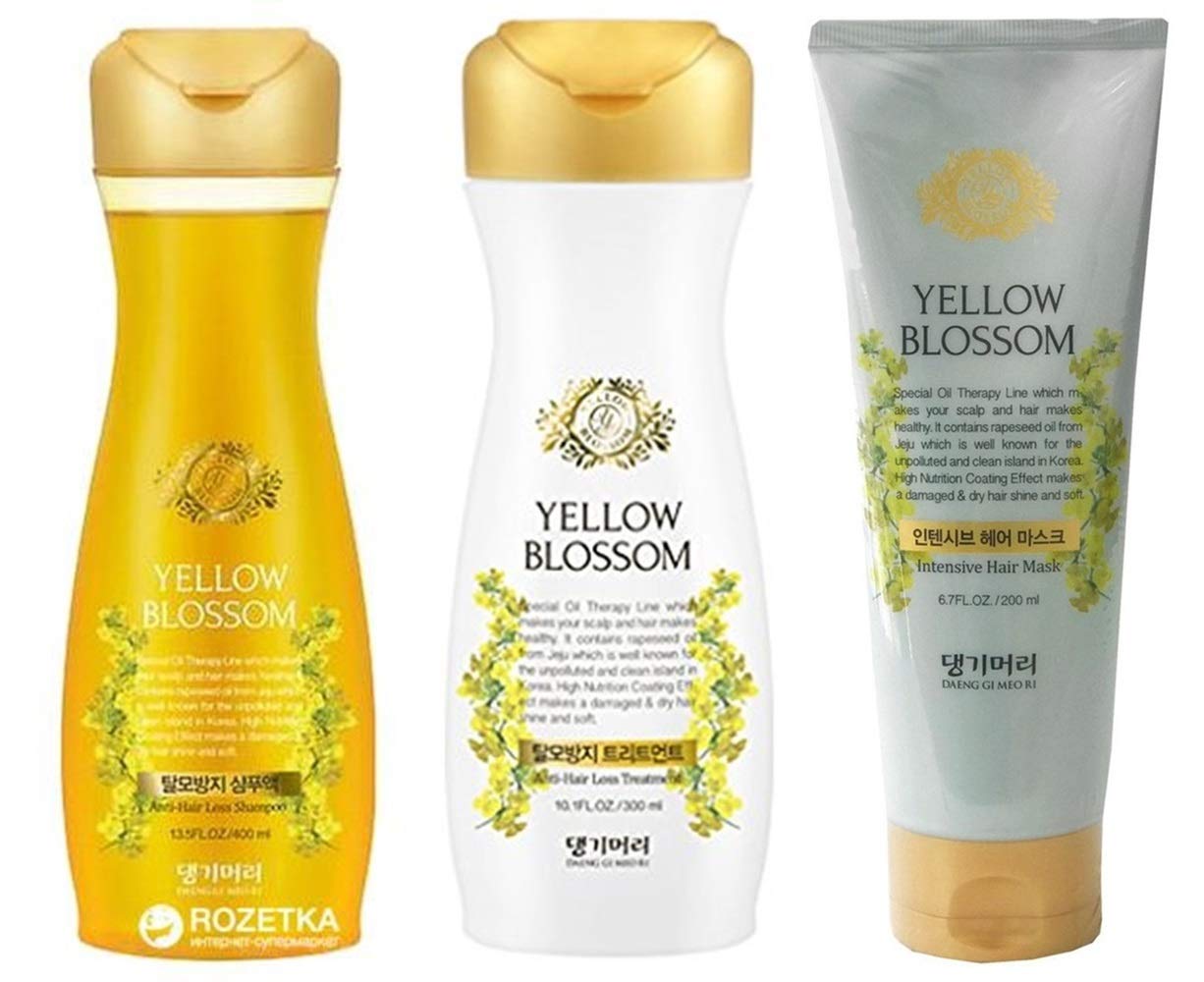 Daeng Gi Meo Ri Yellow Blossom Care Shampoo, Treatment, Mask 3 Pieces Set - Reducing Hair Loss, Hair Shine, Scalp Nourishing and Moisturizing