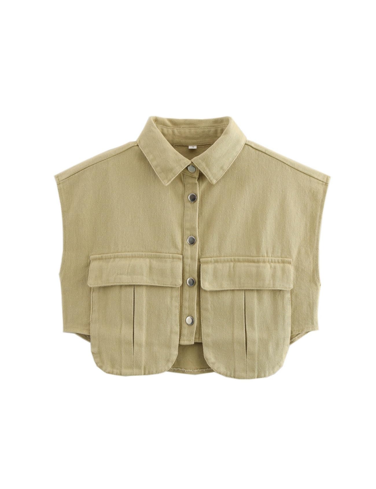 Perbai Camisa corta con botones para mujer, cuello sin mangas, holgada, de mezclilla, con bolsillos