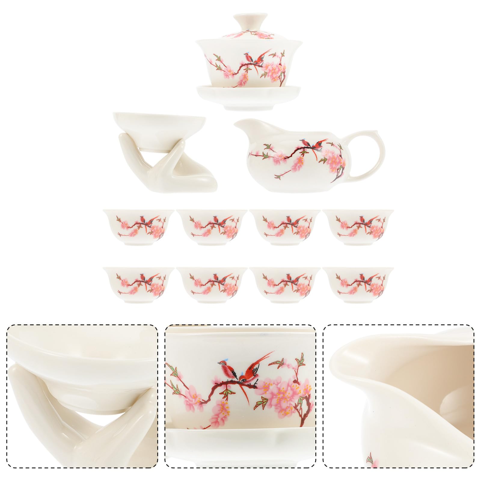 Juego de Té Kung Fu Clásico de Cerámica, 12 Piezas Tetera Anti-escaldaduras, Tazas y Accesorios para Hogar, Estilo Chino Estampado Flor, Adecuado para Amantes del Té
