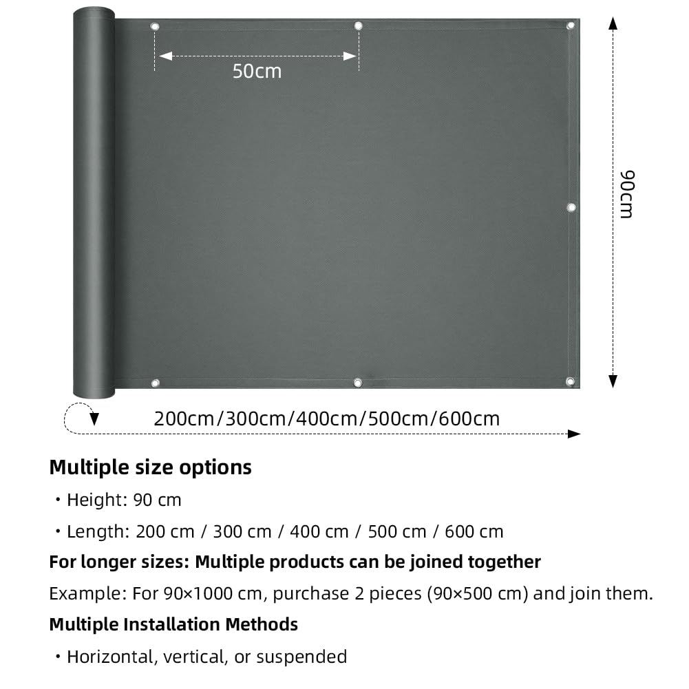 Brise Vue Balcon, 90x600cm Brise Vue Balcon Imperméable, Protection UV, Opaque, Bâche de Balcon Brise avec Trous et Serre, Cache Vue Balcon Protection, pour Terrasse, Jardin, Bal-Con, Patio