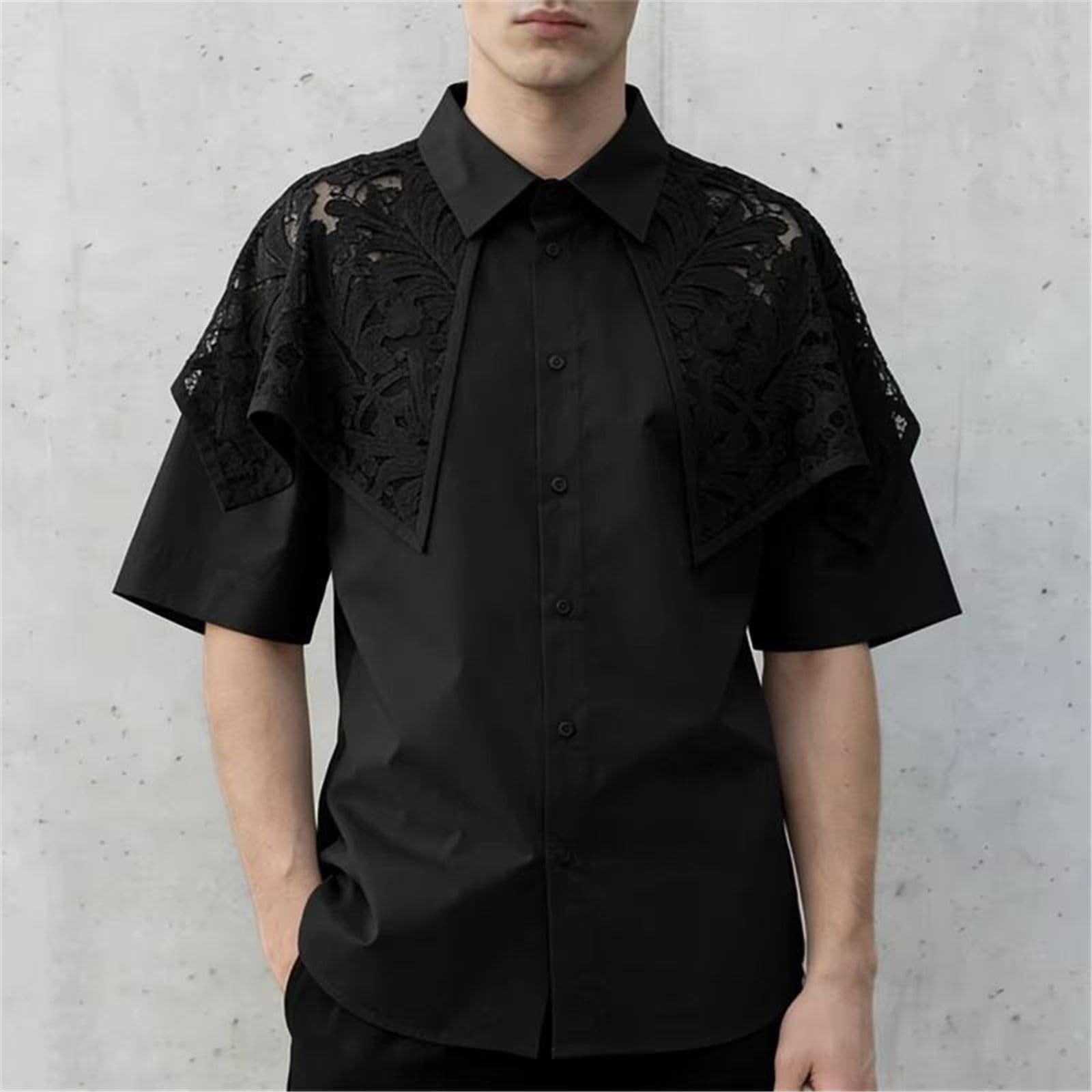 Chemise Homme Dentelle Patchwork, Transparente Ample Sexy Manches Courtes été