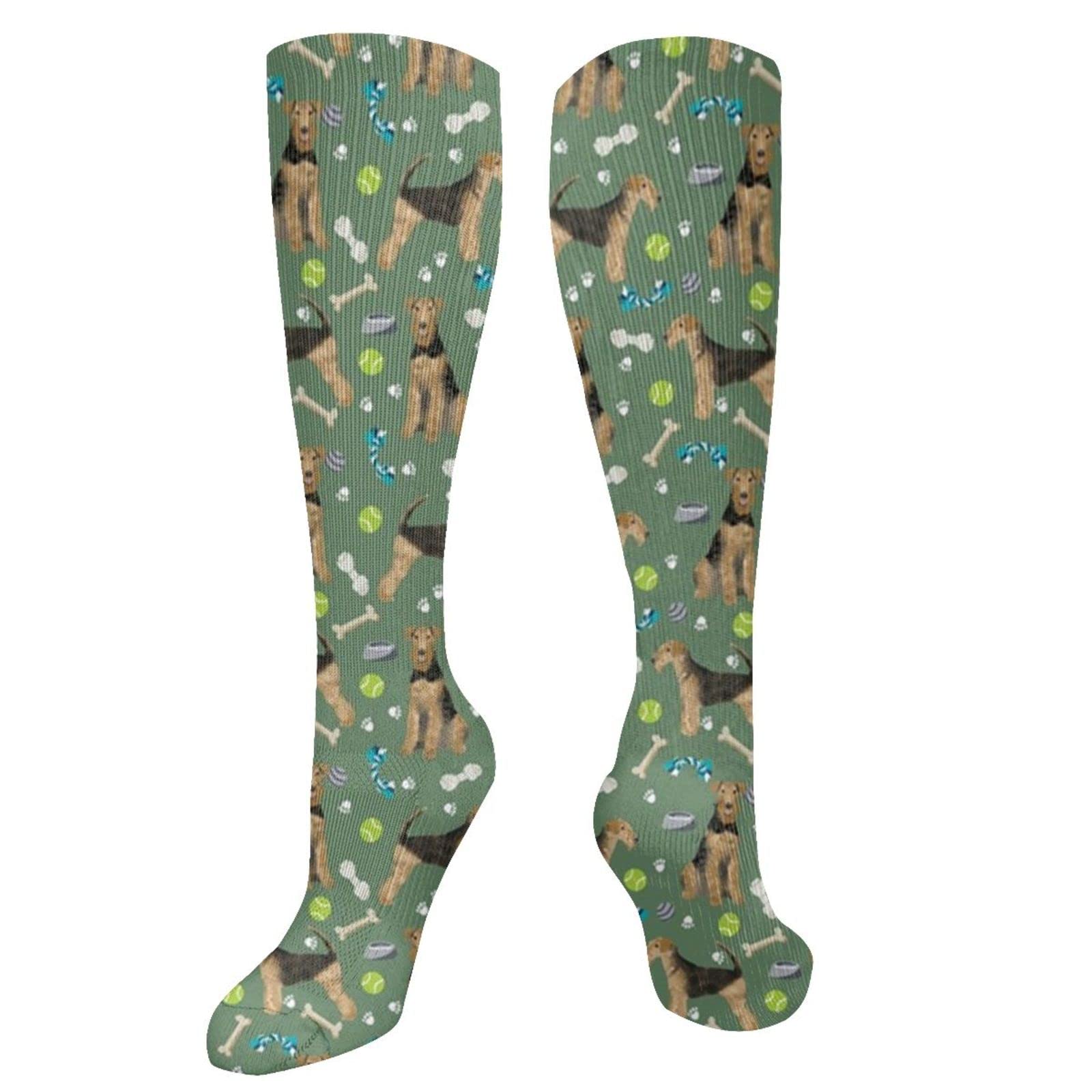 Crew Athletic Socks Airedale Terrier Toys Dog Breed Med Green Sport Socks Funny Calf Socks Casual Crew Socks For Travel Work Sport 50cm