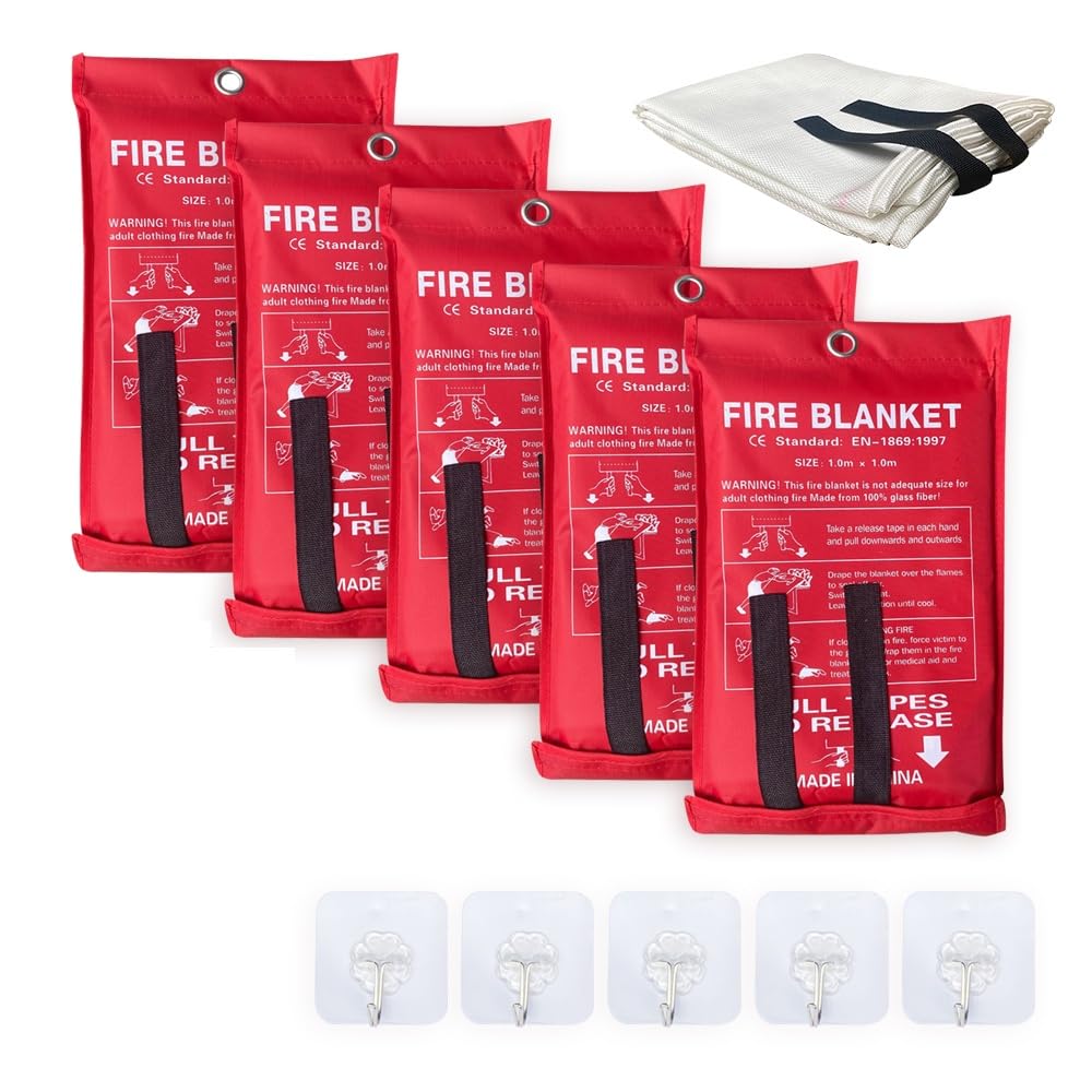 Leberna 5 x Feuerschutzdecke | Fiberglas-Feuerlöschdecken Notfall für Menschen schwer entflammbar feuerfest Überlebenssicherheit Küche, Kamin, Auto, Büro, Lager, 5 Stück (39,3 x 99,8 cm)