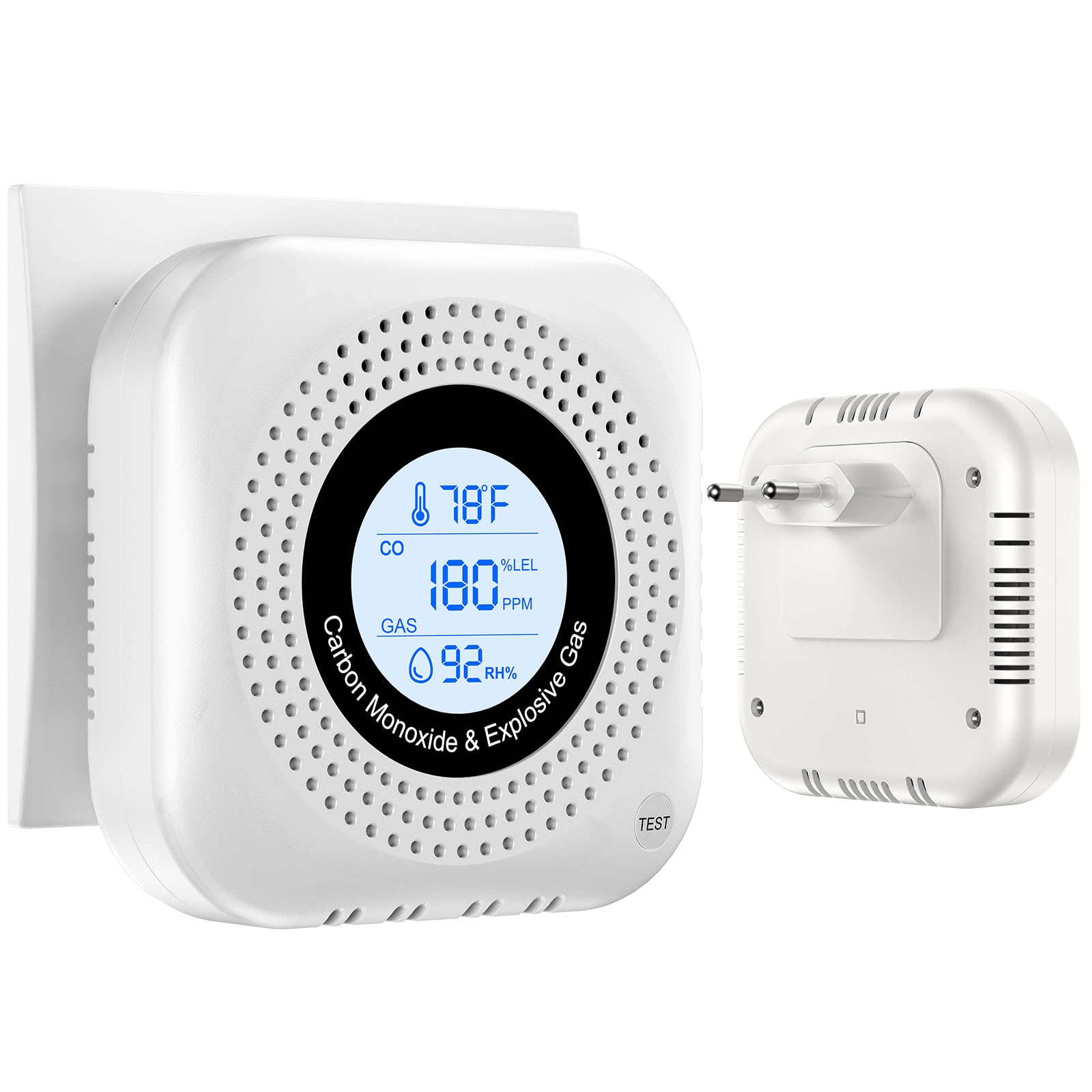 Detector de monóxido de carbono 4 en 1 Plug in - Detector de gas con pantalla de temperatura y humedad - Estándar en 50291 - Alarma 85 DB - Blanco