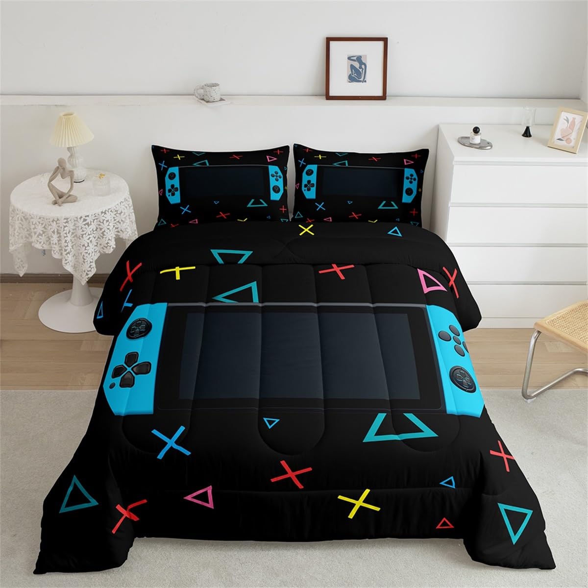Feelyou Gamer Comforter Set for Boys Bedroom Kids Toddler Gaming Bedding Set Video Game Comforter Twin Size Home Decor Curtain Geometric Triangle Circle Quilted Duvet Set with 1 Pillow Sham Colorful