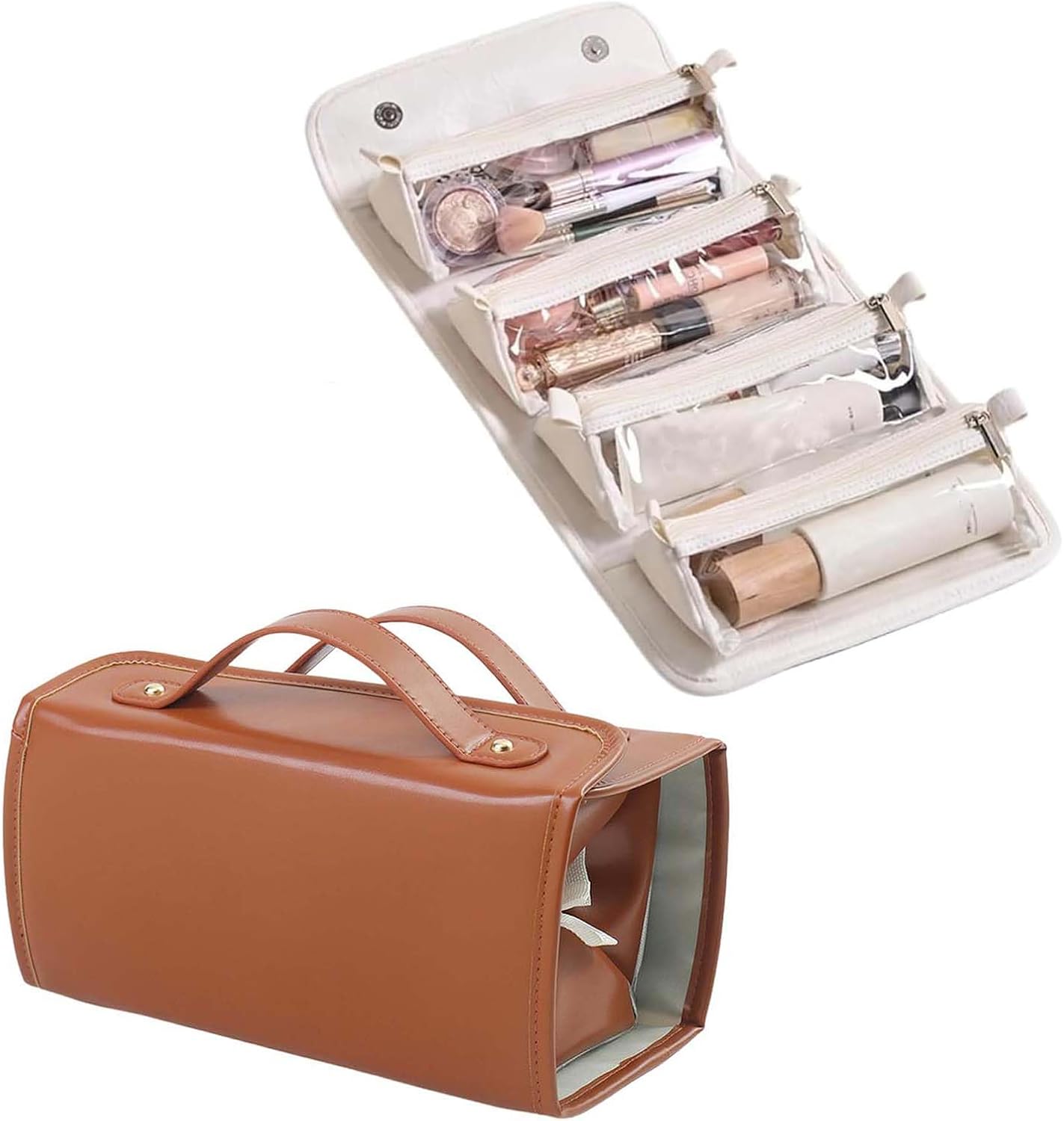 Leather Waterproof Cosmetic Bag Detachable 4 in 1,Travel Toiletry Bag,Hanging Toiletry Bag,Multi Compartment Roll Up Makeup Bag,Foldable Bag With 4 Clear Detachable Compartment