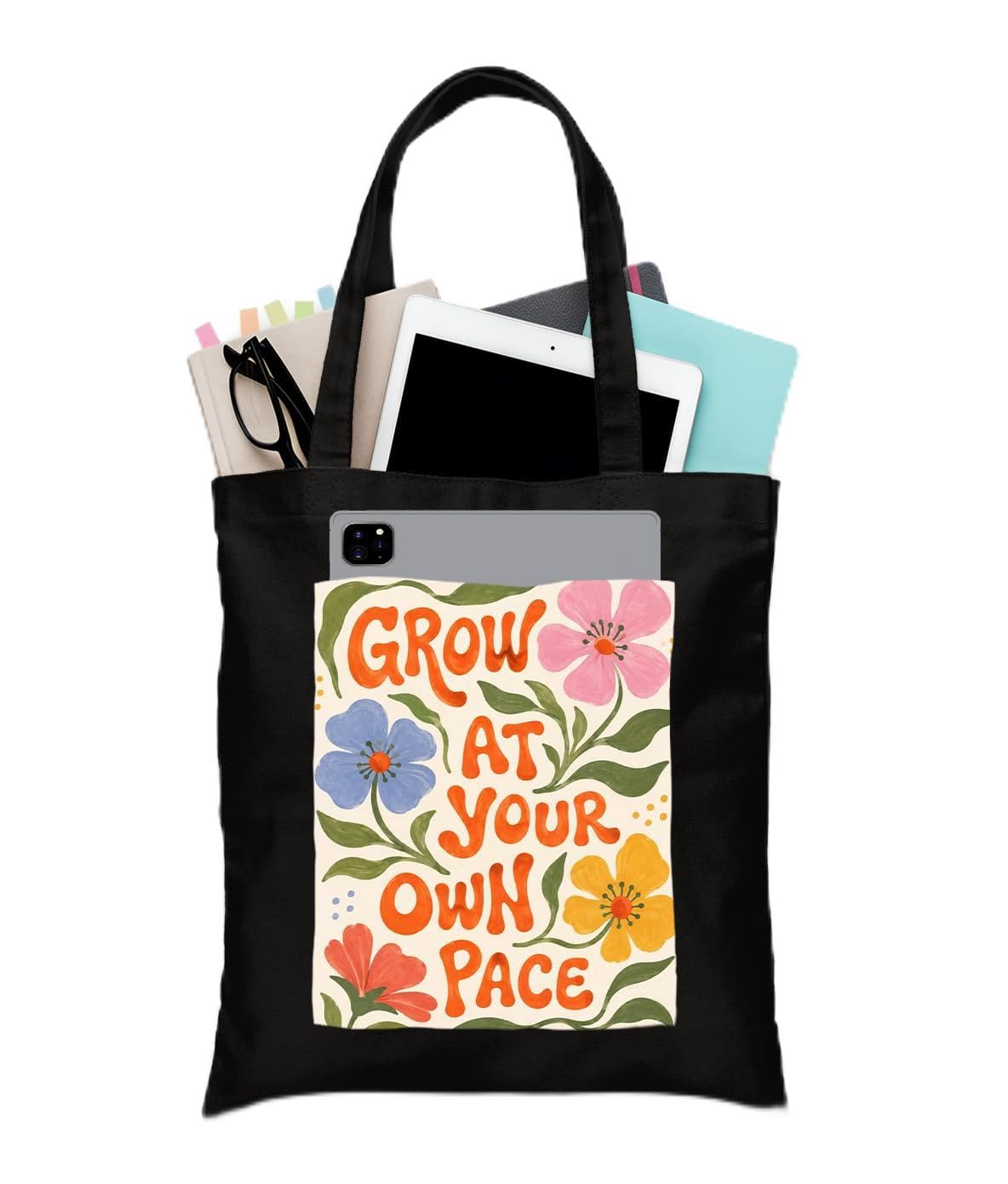 Grow with life Black Tote Bag With Pocket Printed Designed Canvas Tote Bags For Women large capacity,Tote bag For Shopping, College, Travel, More Canvas Handbag For Unisex Bag-image-28