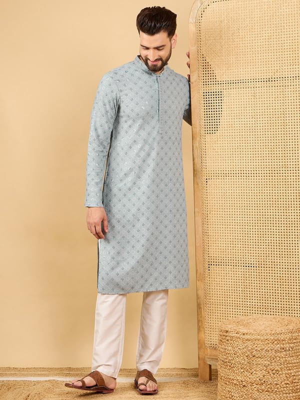 Image of Men's Solid Embroidered Long Straight Kurta | Men's Kurta | Embroidered Chikankari Kurta for Men | Straight Fit Kurta for Men