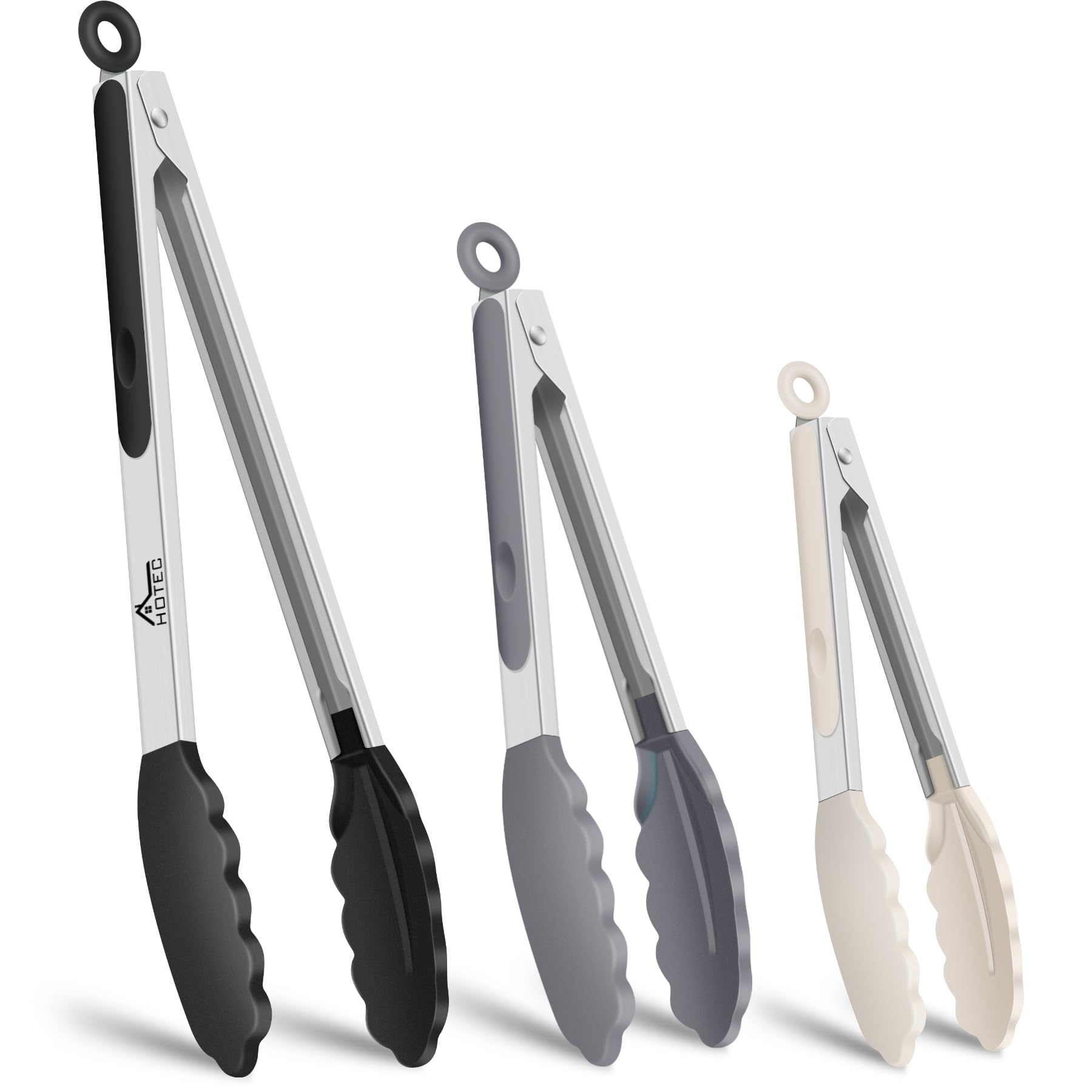 HOTEC Premium Stainless Steel Locking Kitchen Tongs with Silicon Tips, Set of 3-7", 9" and 12", Black, Grey, White