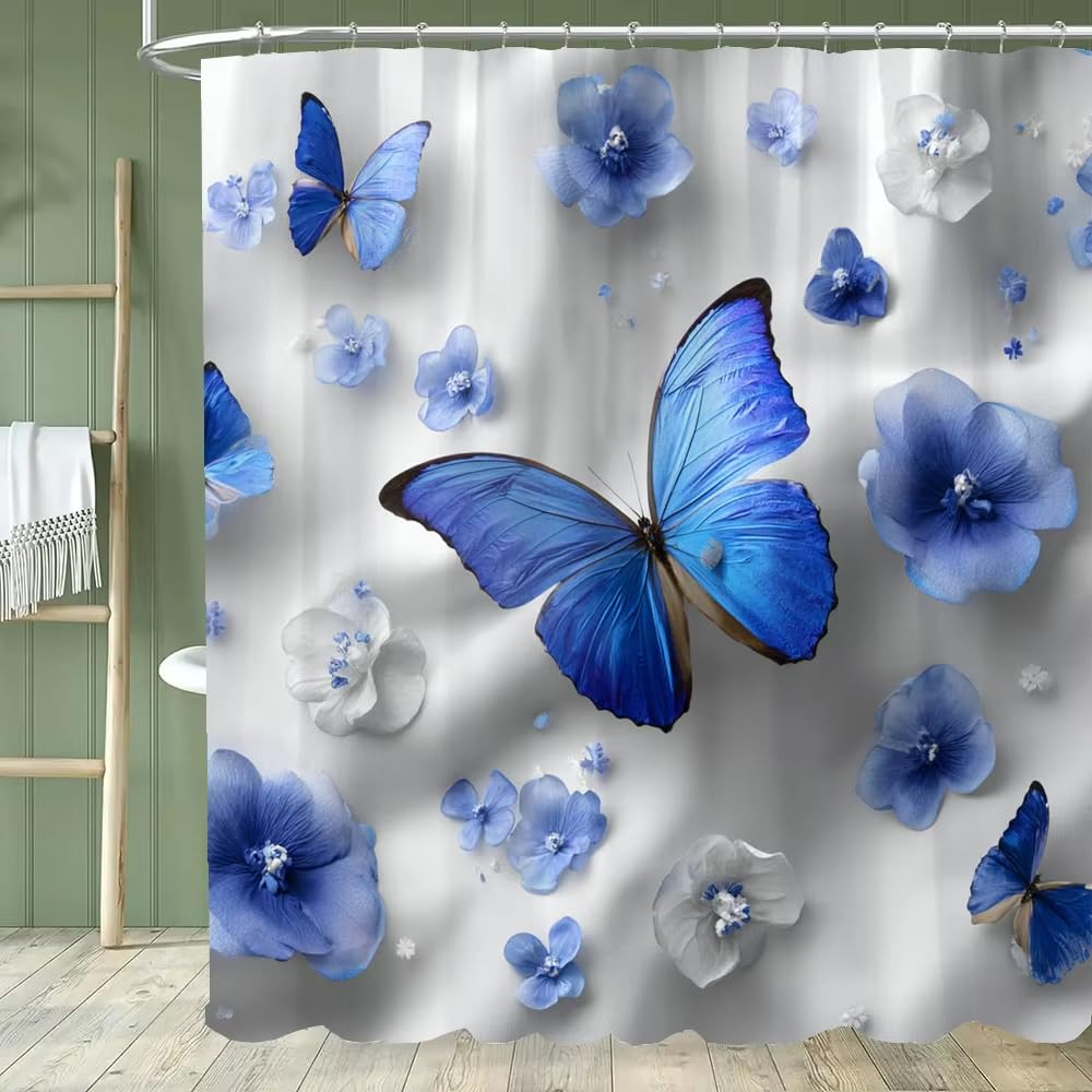 Bellissima tenda da doccia con farfalle blu, decorazione floreale per il bagno, in tessuto di poliestere stampato con 12 ganci (270x180 cm/LxA)