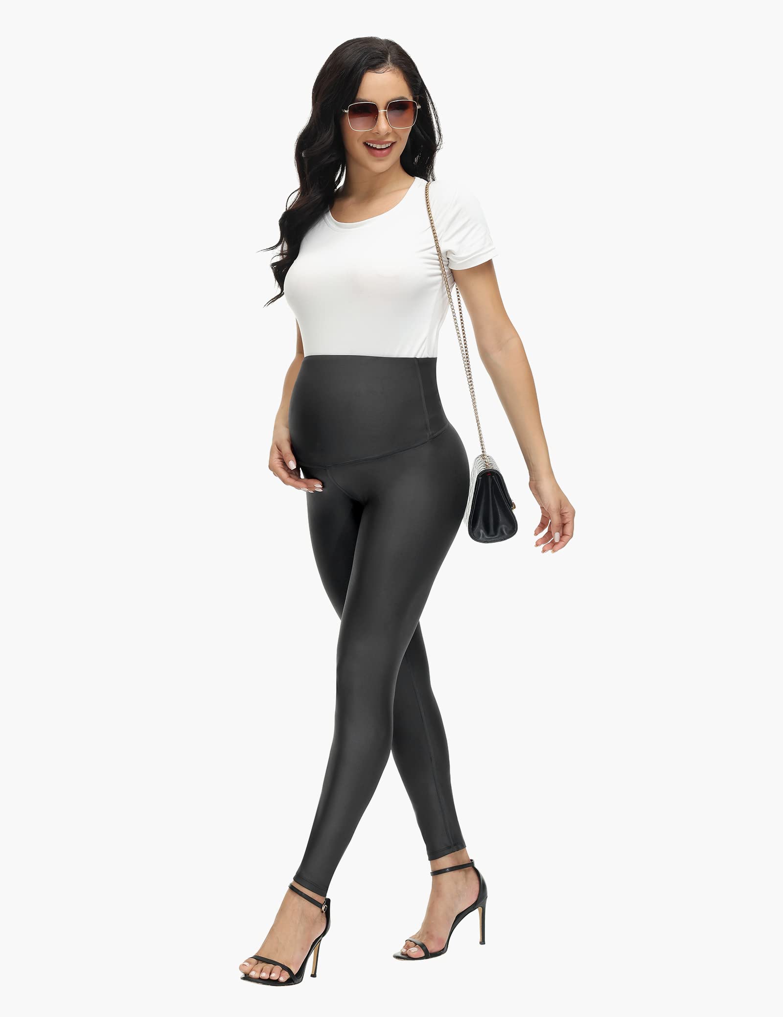 HOFISH Faux Leather Maternity Leggings Over The Belly High Waist Pregnancy Yoga Pants Stretchy Workout Comfy Tights,Black,l