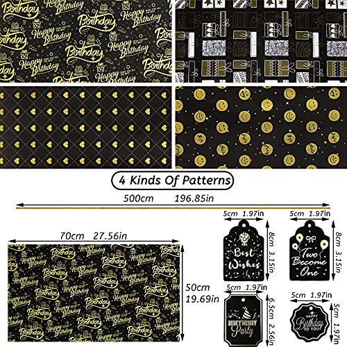 Larcenciel Birthday Wrapping Paper, Gift Wrapping Paper Set, Black Gold Design W/Jute Twine And Gift Tag, Gift Wraps For Birthday, Valentines, Christmas, Graduation, Baby Shower,4 Sheets 27.5X19.6Inch #TOP6