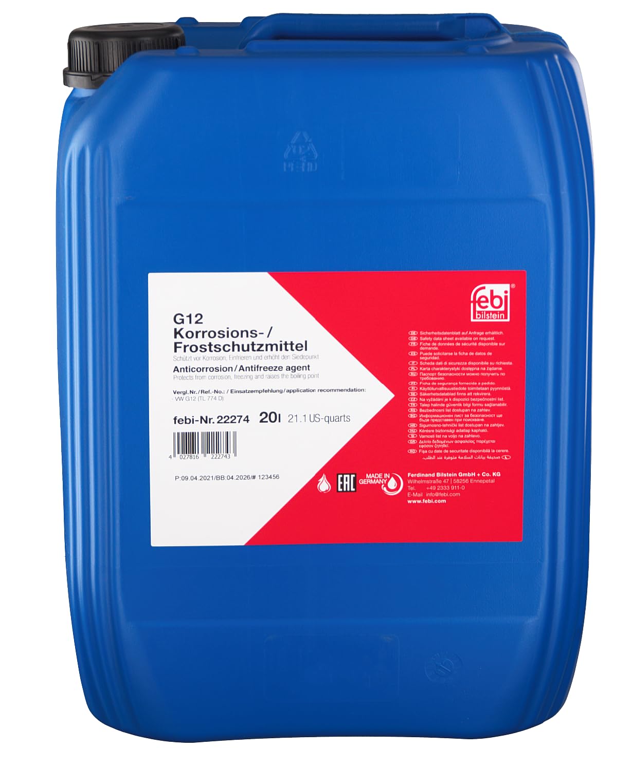 Febi bilstein 22274 Protección contra Heladas Medio G12 (Rojo, para enfriador), 20 L)