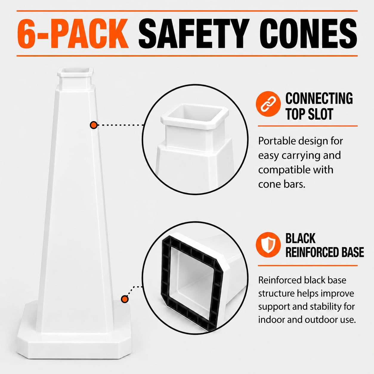 Cono de Seguridad, 71 cm, Cono de Señalización Pesado con Base Lestada, Alta Estabilidad para Parkings, Obras y Eventos, Sin Impresión (Blanco, 6unidades)