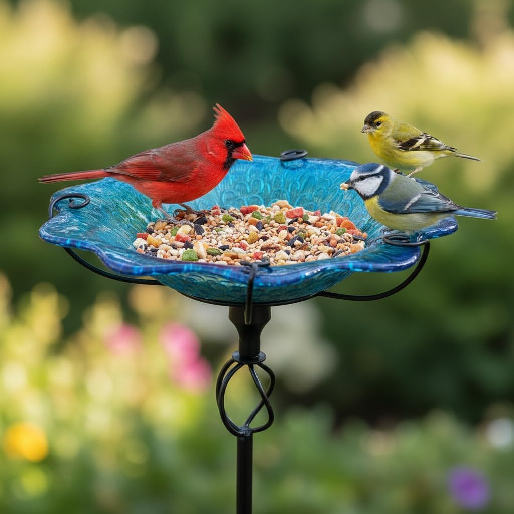 HONGLAND Bird Baths for Outside,11" Small Blue Glass Birdbaths Outdoor,Detachable Bird Feeder with Metal Stake for Garden Yard Patio Decor,30" Height