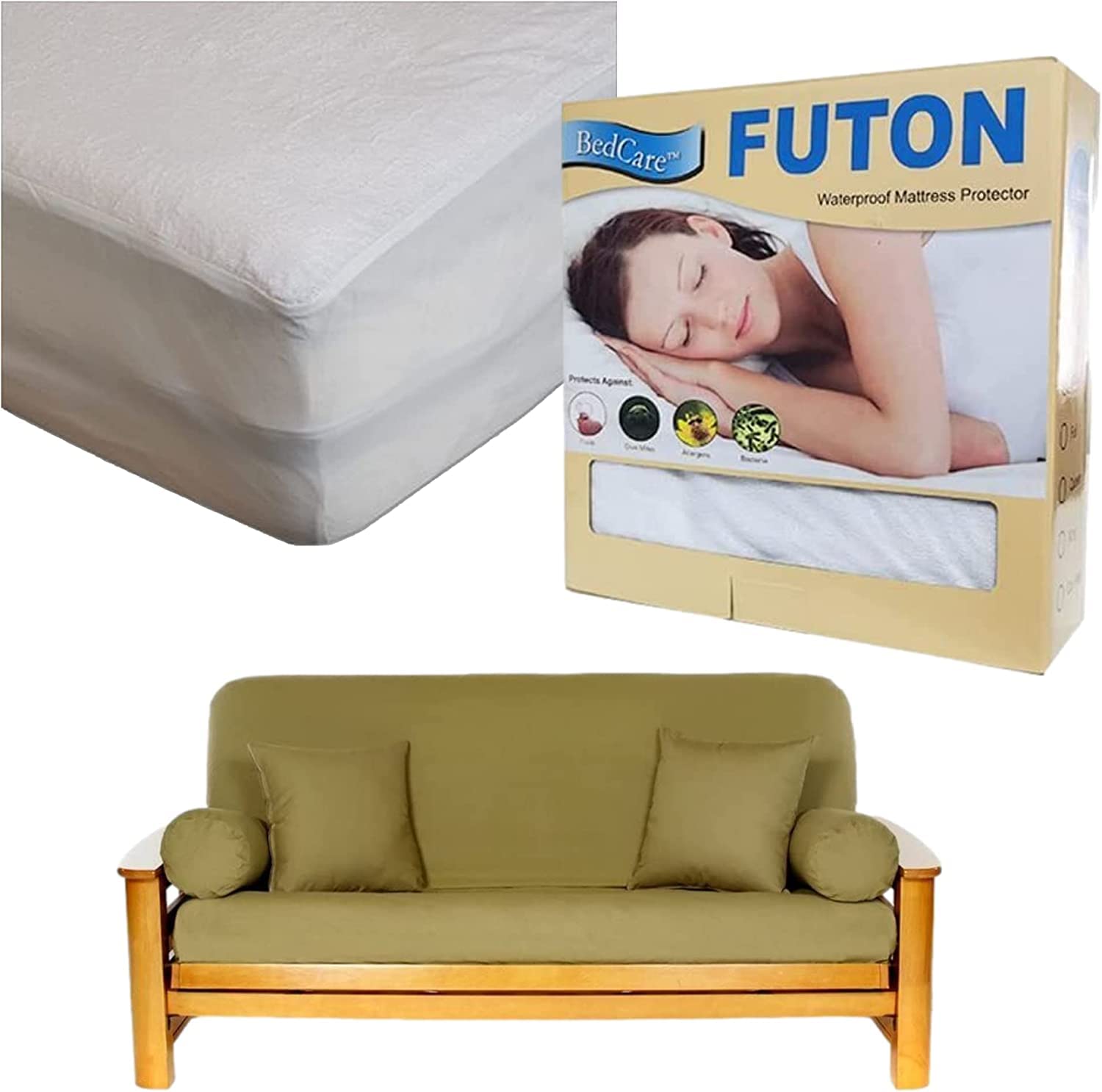 Royal Heritage Home100% Cotton Olive Futon Cover (Full Size) & BedCare Waterproof Mattress Protector (Full - 54 x 75) Couch Bundle Set
