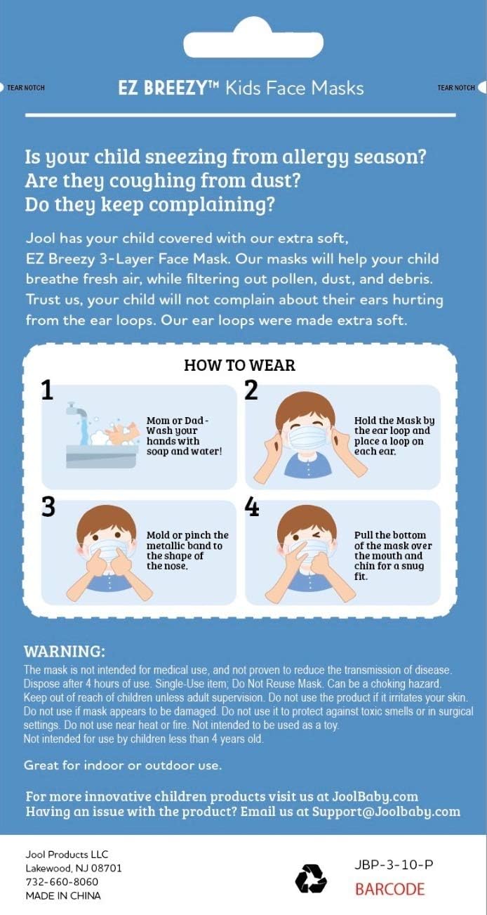 Bеѕt Quаlіtу 🔥 EZ Breezy Kids Disposable Face Masks (50 Pack) Perfect Size for Children with Convenient Resealable Bag (Blue, 4-12 Years) - Jool Baby