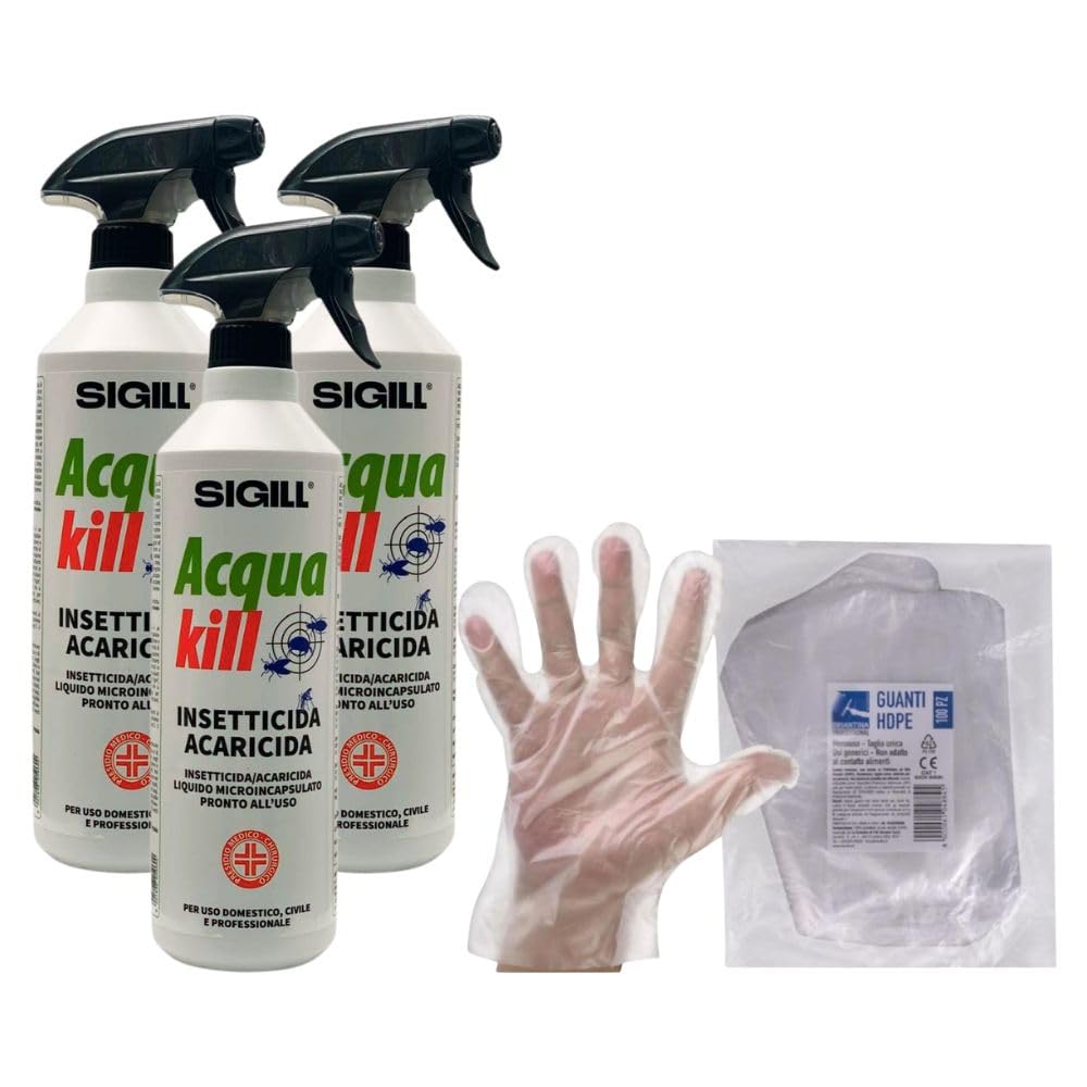3X Insetticida Acaricida ACQUA KILL, Liquido Microincapsulato. Pronto All'Uso a Largo Spettro D'Azione e Lunga Persistenza 750ml + 100pz Guanti HDPE Monouso