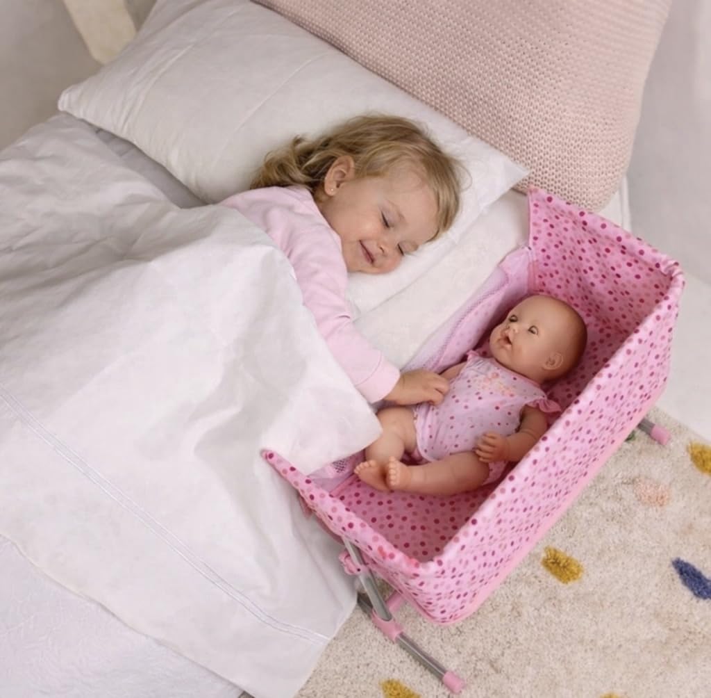 Bedside Doll Crib with Pillow and Quilt, Pink Polka Dot Print, Fits Dolls Up to 45cm, Metal Frame with Fabric Bassinet