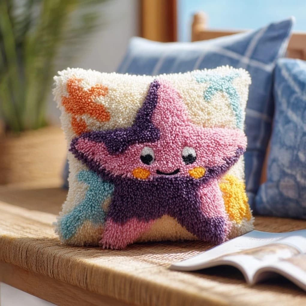WallustrioaW Latch Hook Kit Cushion Starfish 43Cmx43Cm Latch Hook Kit DIY Pillow Materials Package Hooks Knitted Embroidered Carpet Pillow Embroidery
