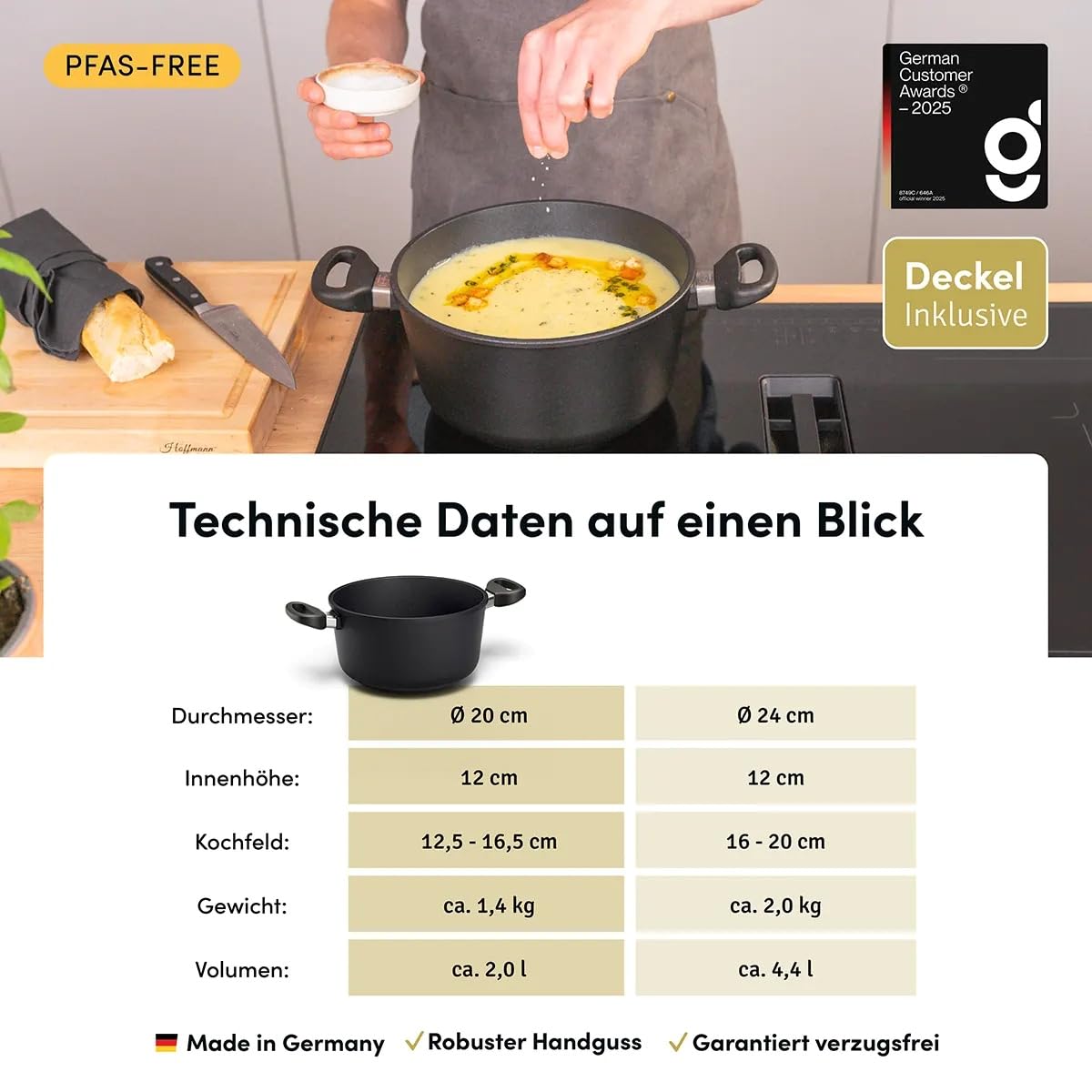 Hoffmann STONIQ Kochtopf Set, Antihaftbeschichtet, PFAS-frei, Induktionsgeeignet, Backofenfest bis 300°C, Topf made in Germany, Kochtopf, Suppentopf (mit Deckel, 20 + 24 cm)