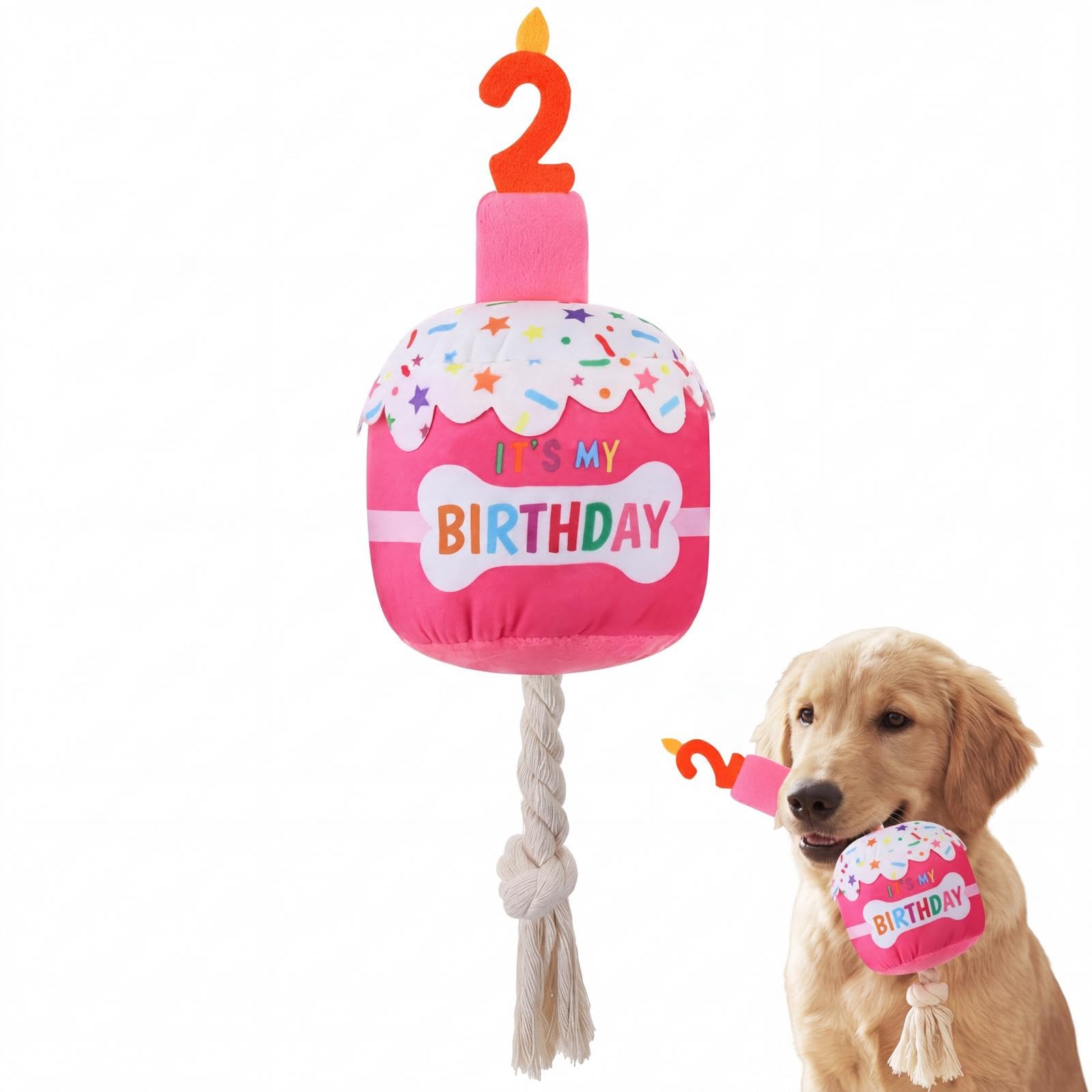 Dansydaisy Dog Birthday Cake Toy Squeaky Plush Gift,2nd,Rose Pink
