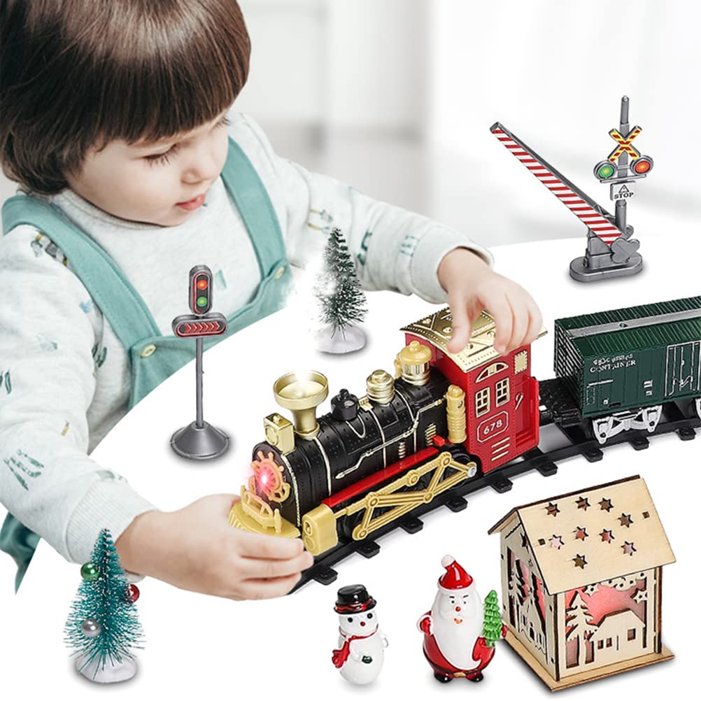 Juego de árbol de tren de Navidad con luces y sonido, juego de tren para debajo del árbol de Navidad, locomotora de vapor eléctrica, funciona con pilas, juego de pista como regalo de fiesta