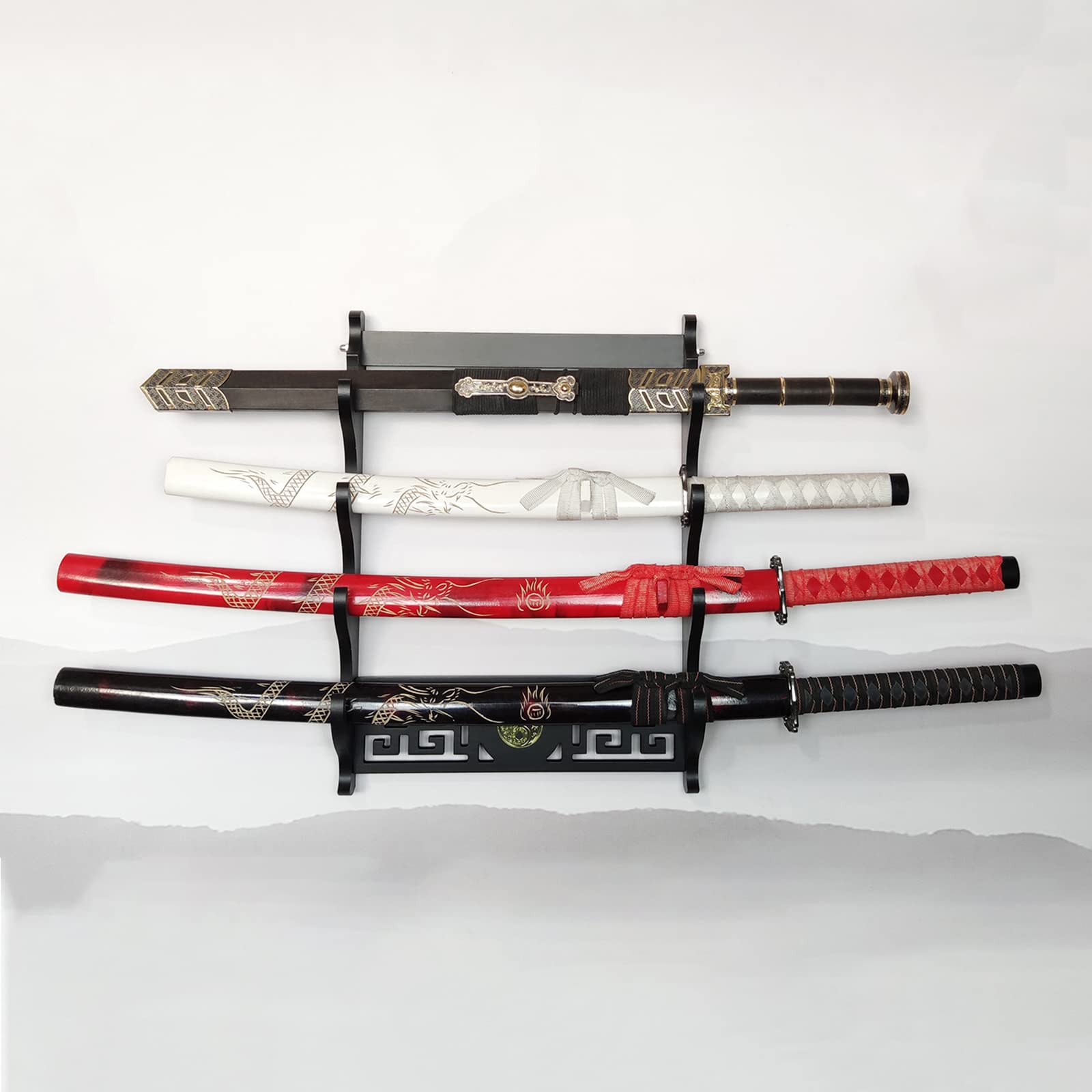Soporte para Espada,Estante de exhibición para Montaje en Pared,Soportes para Espada de Madera con decoración Hueca,Soporte para Espada Negra para Katana,bokken,Espada de Tai chi