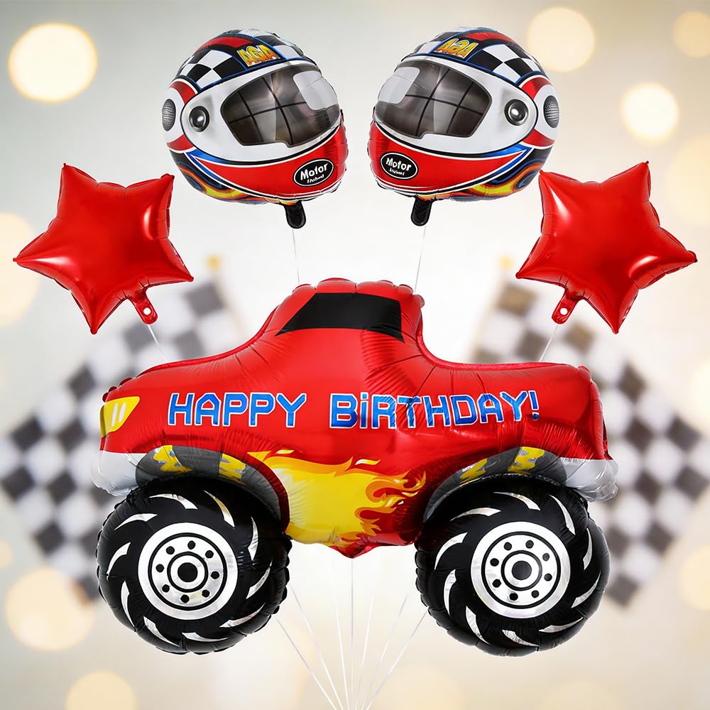 Racing Car Balloons 5-Piece Set - Racing Theme Party Decorations with Truck, Helmet & Star Balloons for Birthday Party Supplies