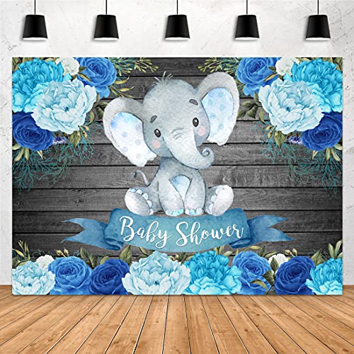 Aperturee Boy Elephant Baby Shower Backdrops Blue Floral Watercolor Flowers Rustic Wood Wooden Texture Wall Photography