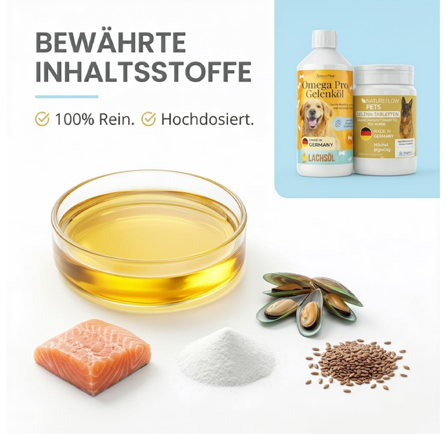 Natureflow Pets Gelenk-Bundle für Hunde – Omega Pro Gelenköl (500 ml) + Gelenk-Tabletten | Unterstützt Gelenke & Beweglichkeit | Mit Lachsöl, Glucosamin & MSM | Made in Germany