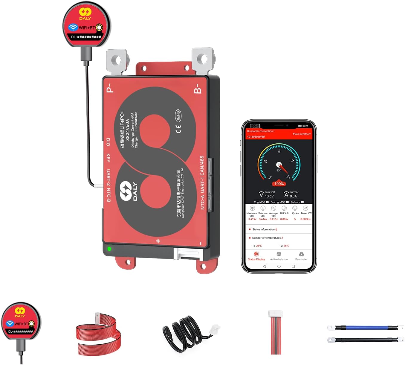 DALY BMS 8S 24V 60A Smart BMS with WiFi Module Bluetooth LifePO4 Lithium Battery Protection Card Support Can RS485 for Electric Bike, Electric Scooter
