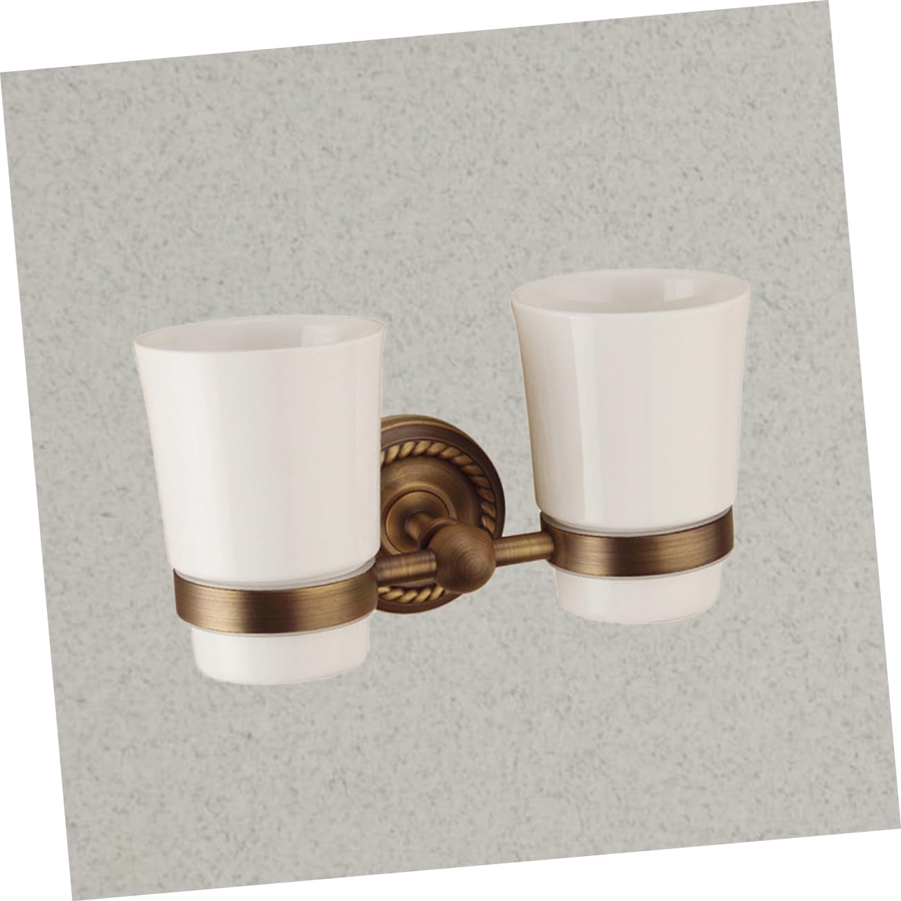 VOSAREA Vintage Copper Double Toothbrush Holder Wall Mounted Elegant Bathroom Cup Organizer with Two Ceramic Cups Antique Design for Use
