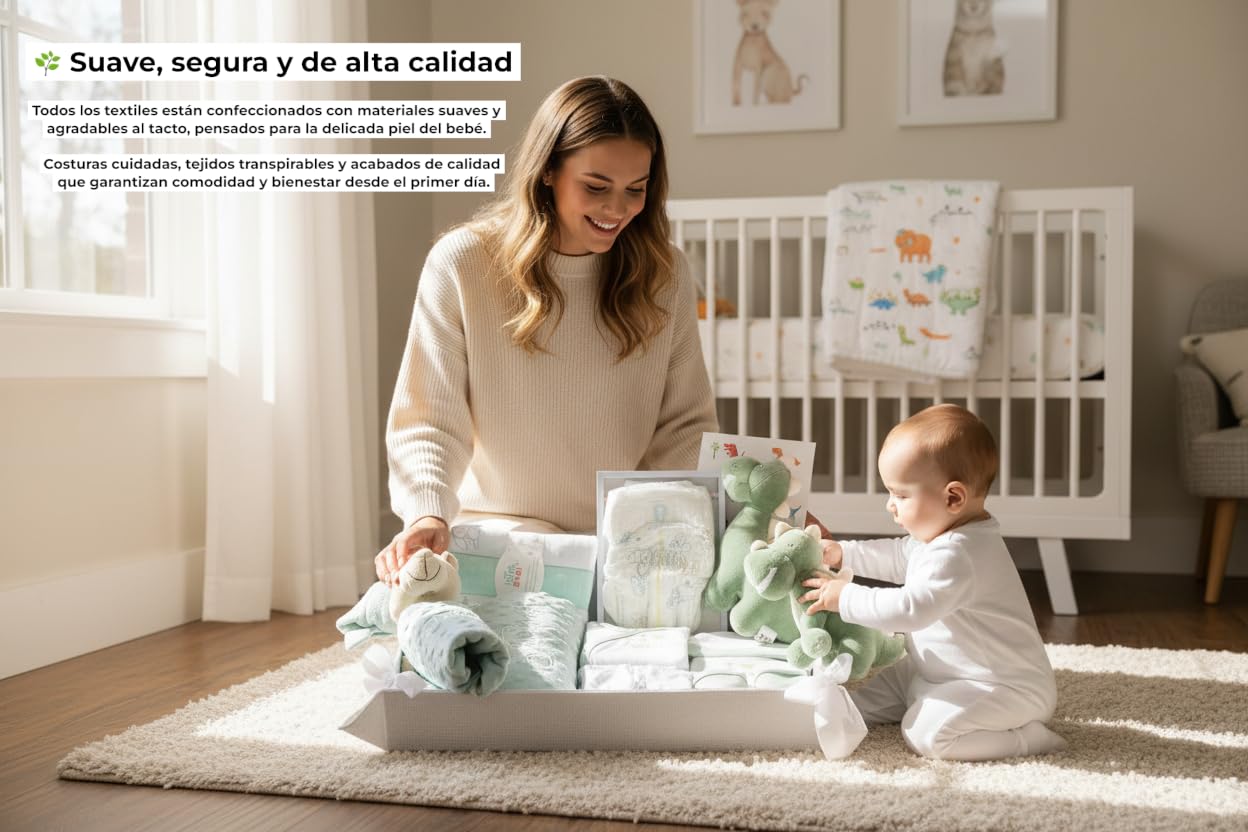 Danielstore - Canastilla Bebé Personalizada | Manta y Dou Dou con Nombre | | Set Primera Puesta Bebé | Pañal nombre bordado | Pack gasas | Cesta para Recién Nacidos| verde