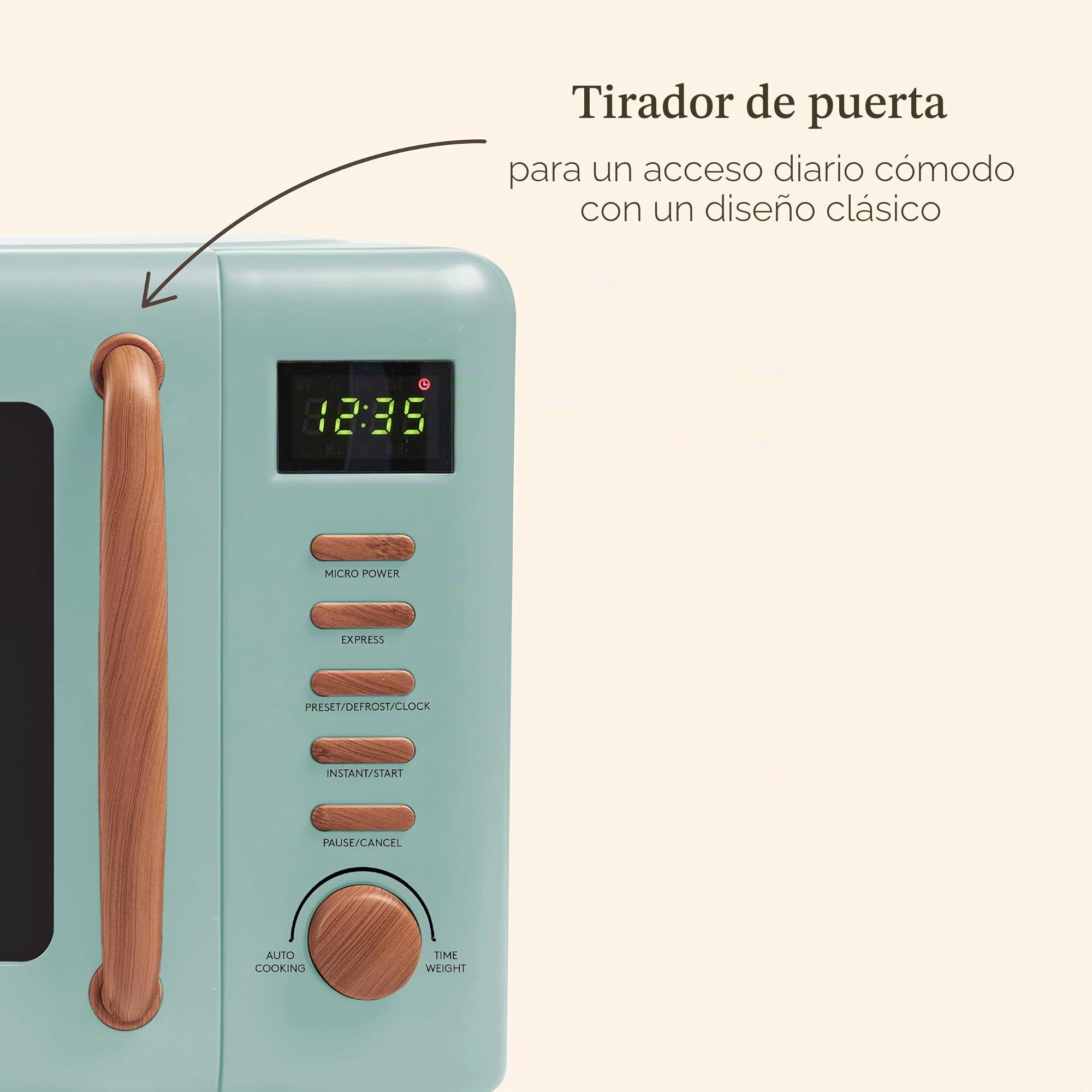 Haden Dorchester Green - Horno microondas de 20 L, 800 W, controles digitales, 5 niveles de potencia, ideal para encimera con acabado efecto madera, espacio de cocina pequeño