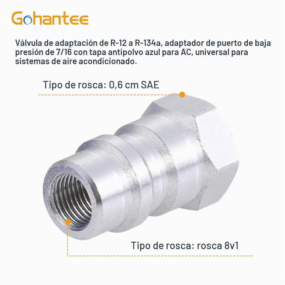 gohantee R134A Kit de manguera de recarga de refrigerante, válvula de reequipamiento de baja presión R12 a R134a con tapón antipolvo, algodón de detección de aceite para aire acondicionado