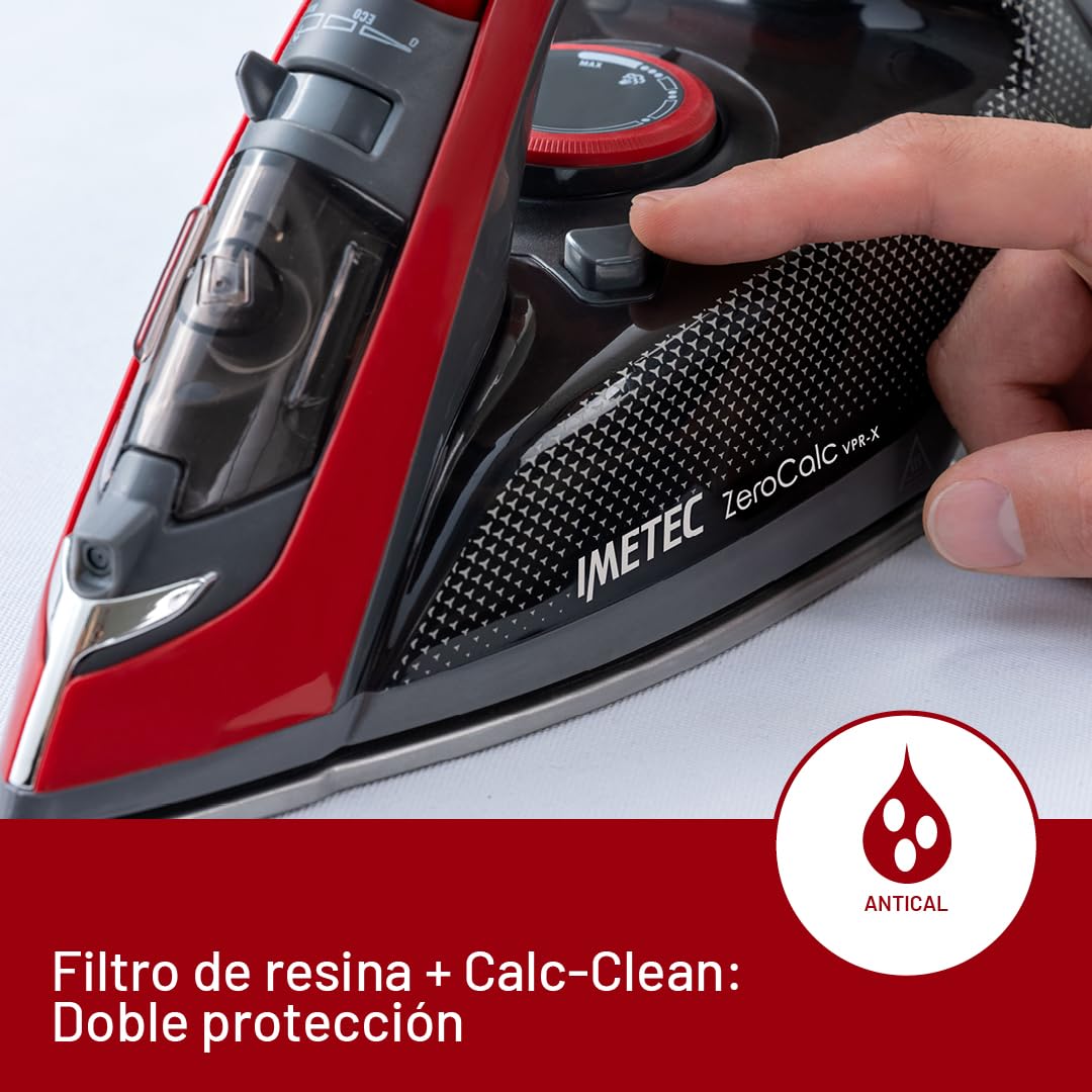 Imetec Zerocalc VPR-X – Plancha de vapor de 2600 W con golpe de vapor de 220 g, sistema antical 2X Zerocalc, suela de acero satinado con acabado láser y punta de precisión, ligera