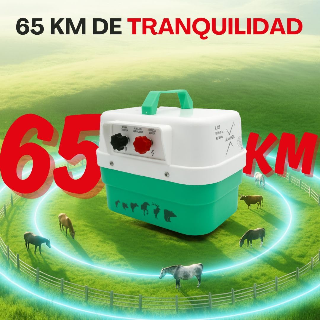 Pastor eléctrico Llampec Mod.1220 con batería 12V – 5,3J, 10.000V y 65 km de alcance – Ideal para ganado equino, vacuno, porcino, ovino y animales salvajes – Alimentador incluido –Batería no incluida