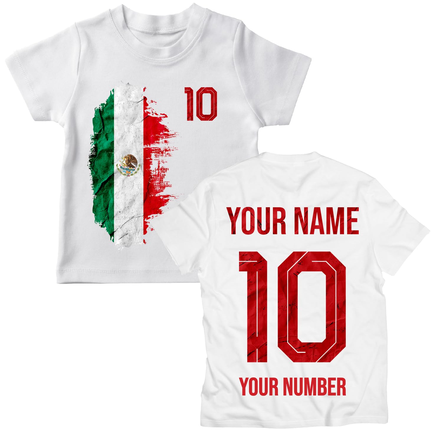 lepni.me Mexico 2026 Personalised Kids' Football Fan Graphic Cotton T-Shirt, Custom Name and Number, Short Sleeve Supporters Top (12-13 Years White Multi Color)