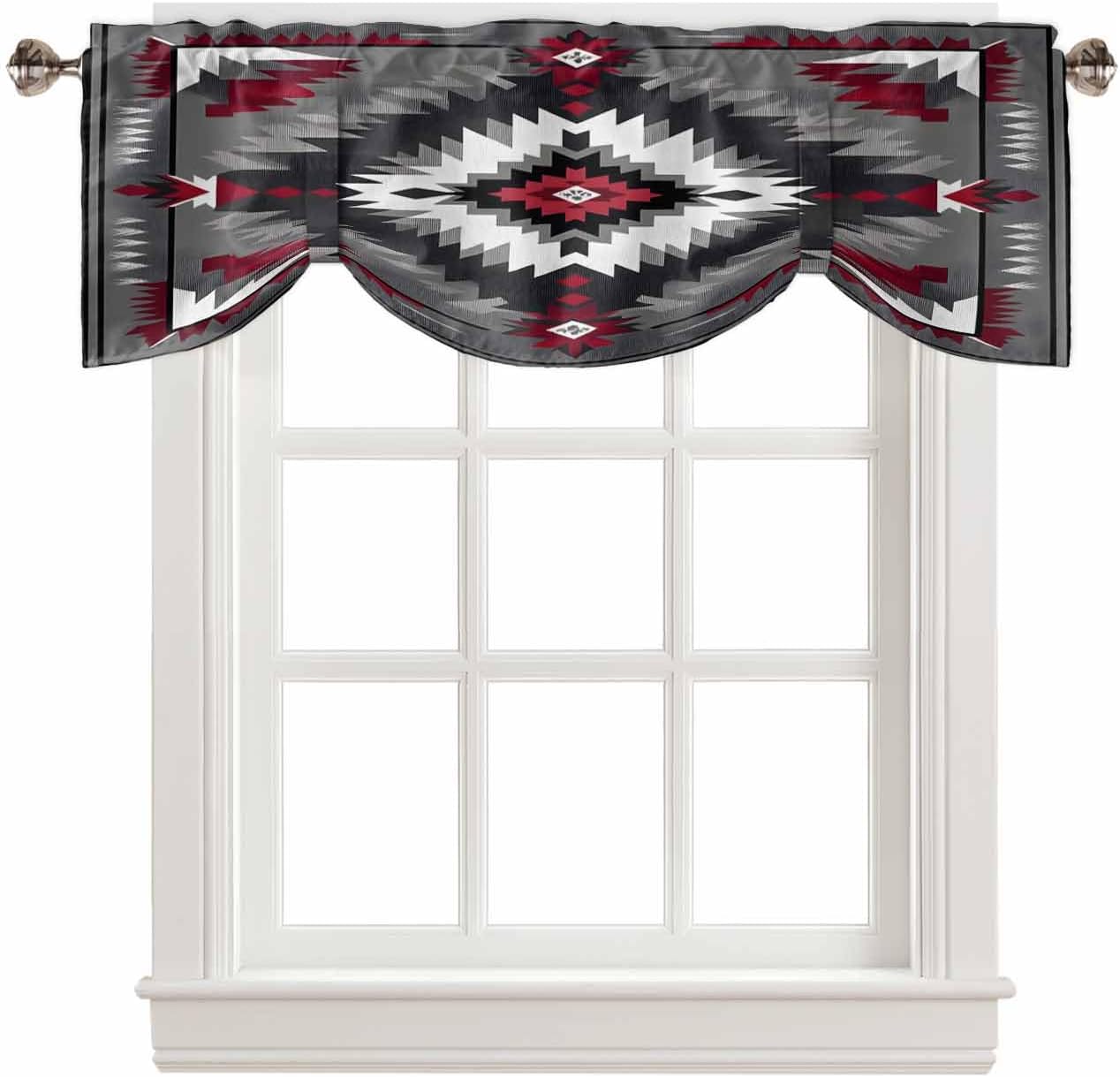 Boho Red Grey Tie Up Valance for Window, Geometric Southwestern Retro Ethnic Adjustable Balloon Window Shade Valance Curtain for Kitchen Cafe Bathroom Window Treatment Panel 60''x18''