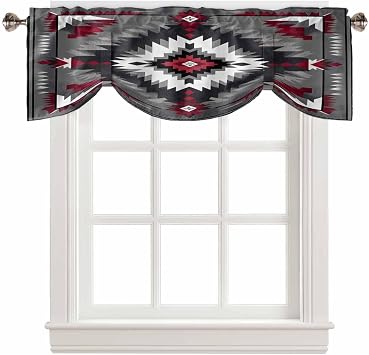 Boho Red Grey Tie Up Valance for Window, Geometric Southwestern Retro Ethnic Adjustable Balloon Window Shade Valance Curtain for Kitchen Cafe Bathroom Window Treatment Panel 54x18