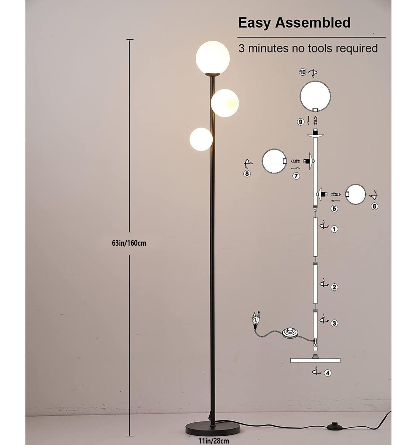 Amazon.co.jp : 3 グローブ モダン フロアランプ、ミッドセンチュリー