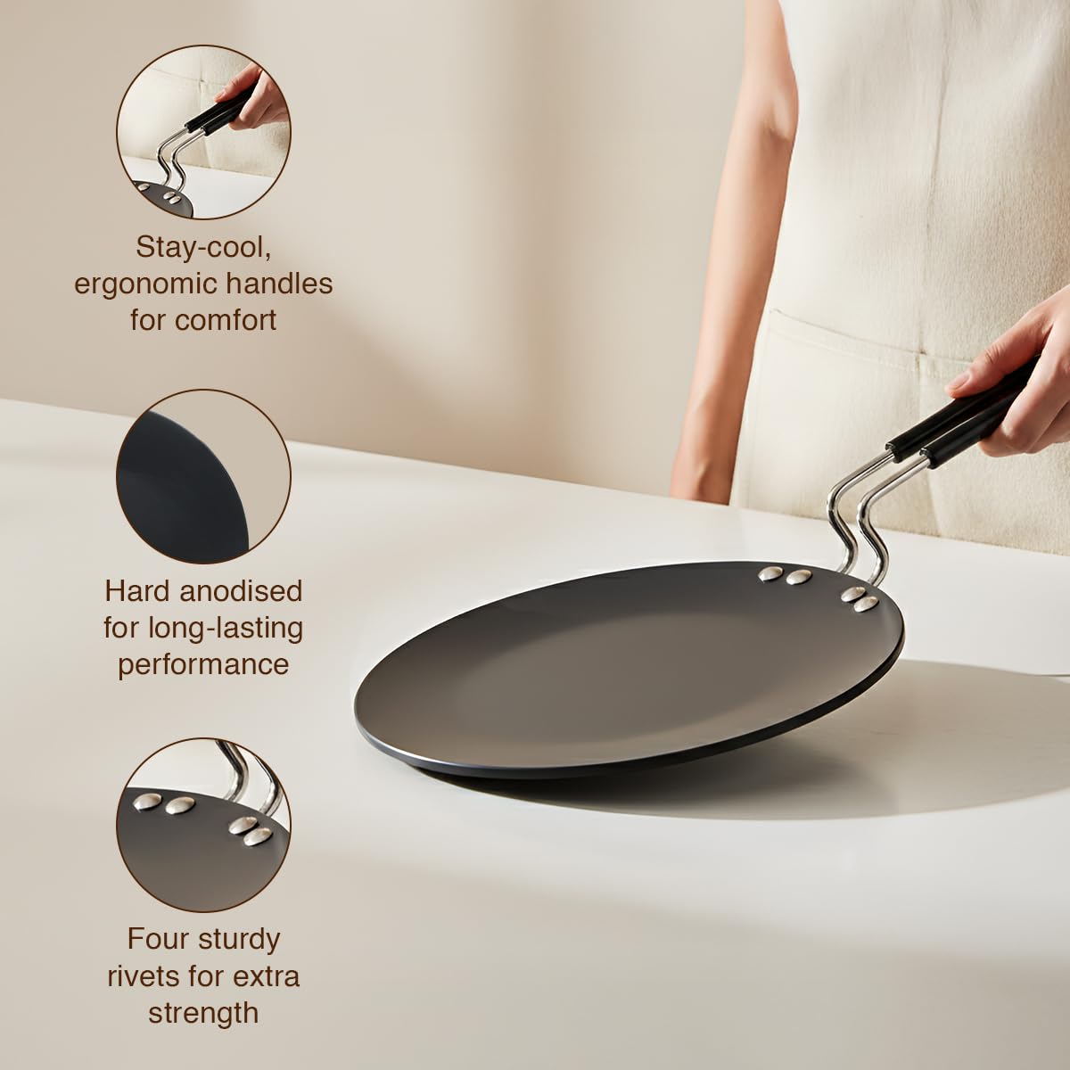 Prestige Hard Anodised Chapati Tawa 24.5 cm | Extra Thick Base (4.88 mm) | Gas & Induction Compatible | Metal Spoon Friendly | Stay Cool Handle | Wide Base | 2Y Warranty | ISI 3