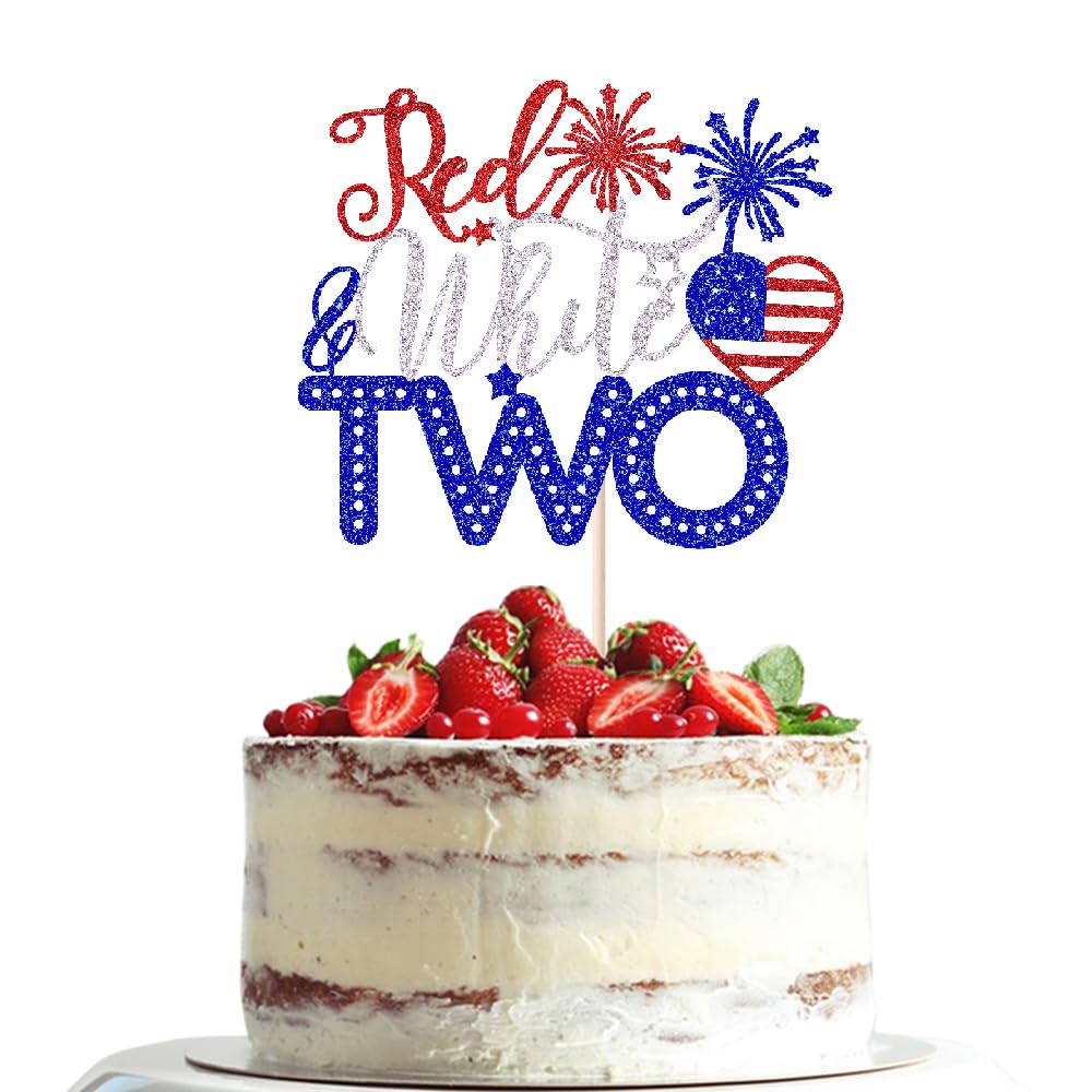 Dxsdgetue Red White and Two Cake Topper, 4th of July 2nd Birthday Cake Topper Decorations,Patriotic Independence Day Themed 2nd Birthday Decorations,American National Day Party Supplies